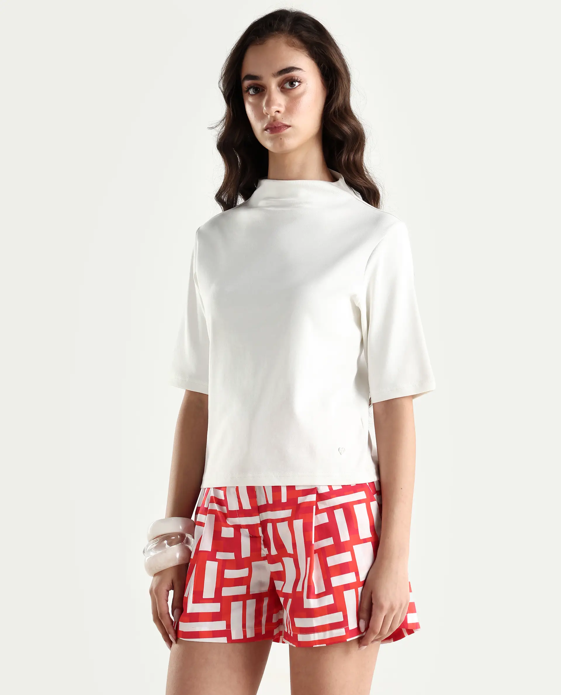 Rareism Women's Rohdrio Off White Cotton Blend High Neck Plain Regular Fit Top - Image 6