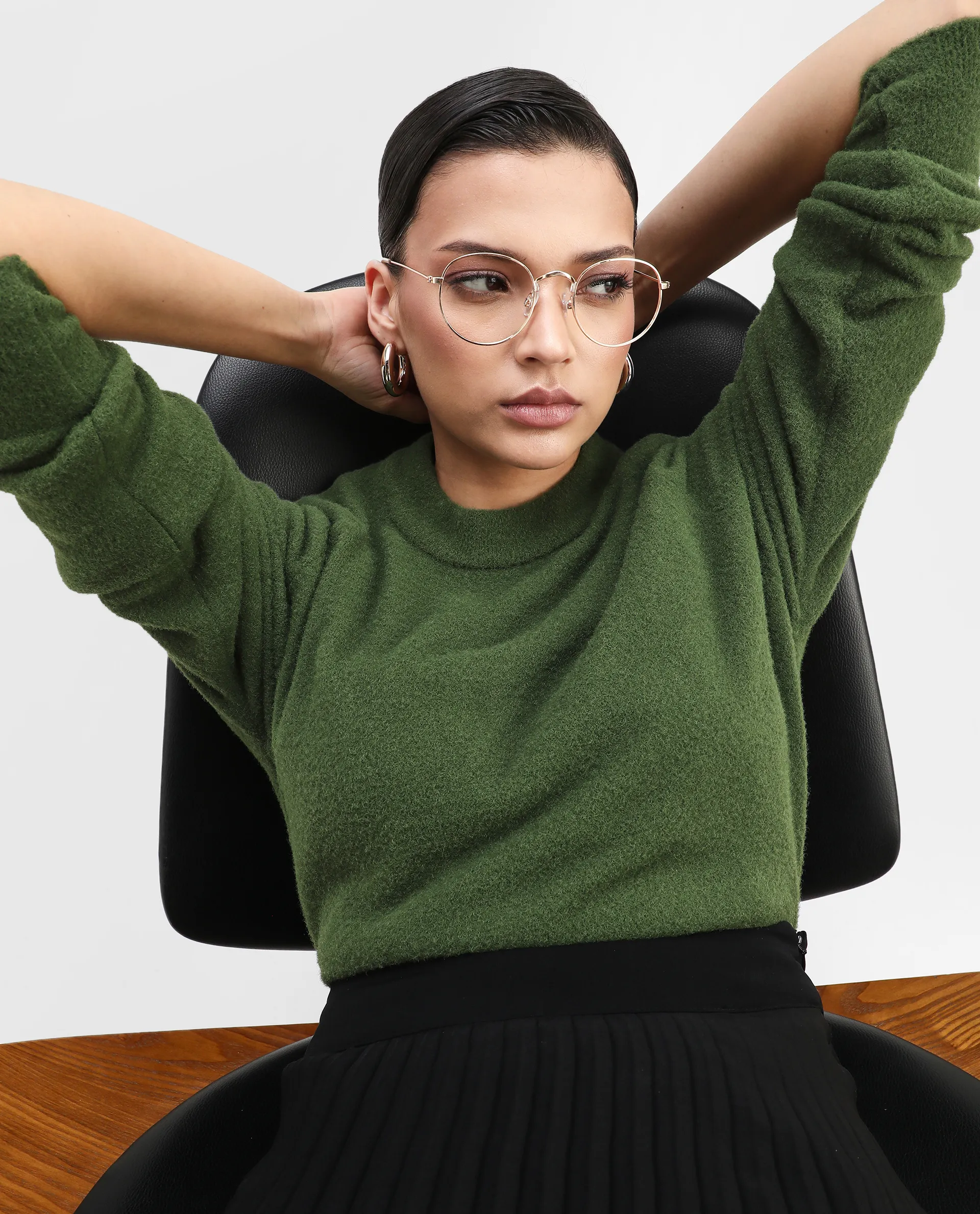Rareism Women's Roho Dark Green Nylon Crew Neck Relaxed Fit Sweater - Image 3