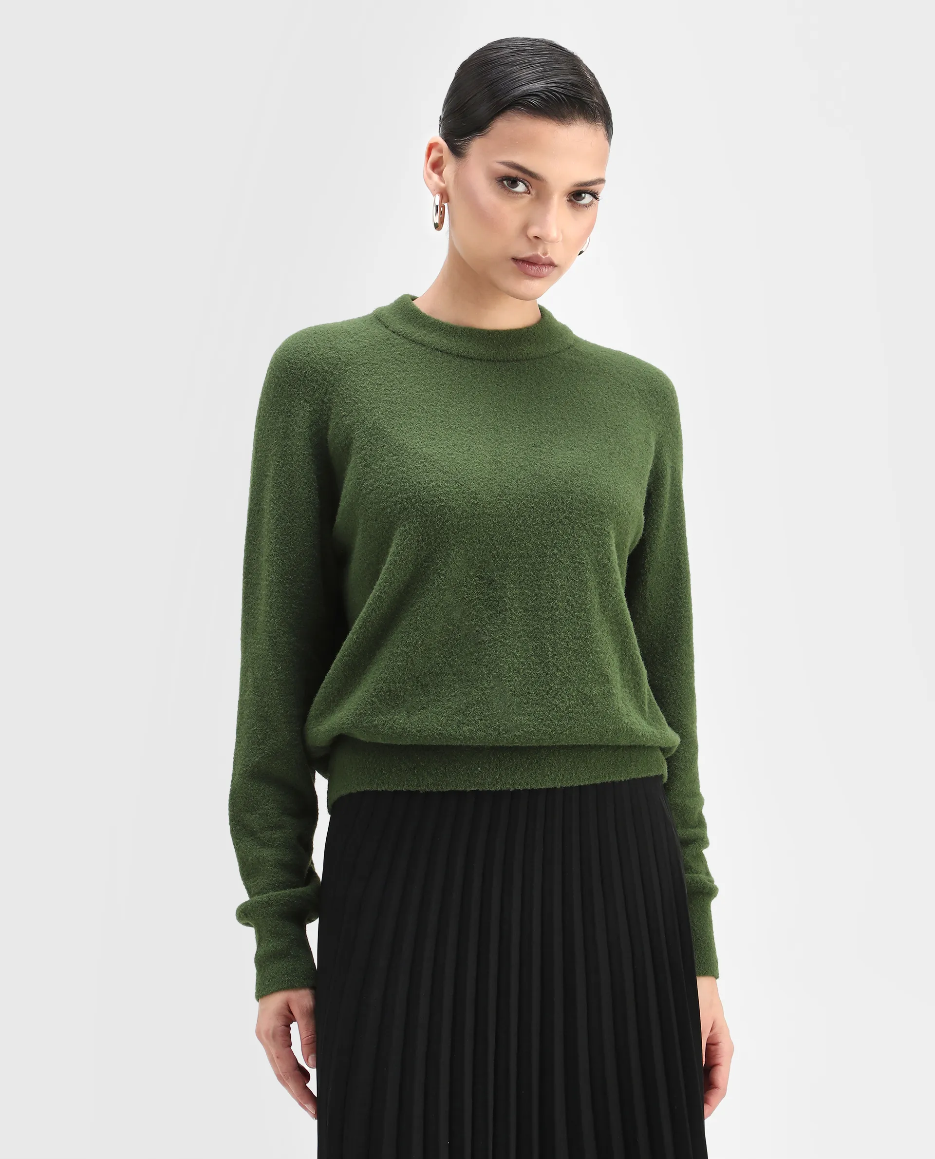 Rareism Women's Roho Dark Green Nylon Crew Neck Relaxed Fit Sweater - Image 4