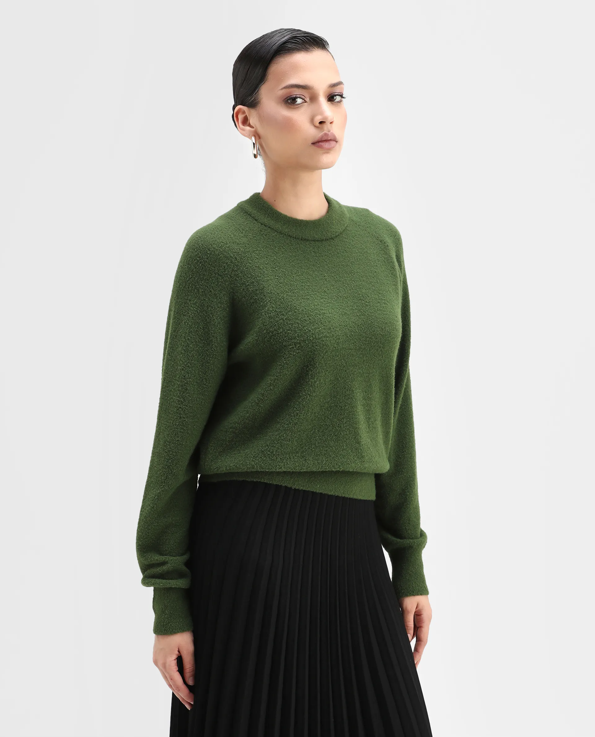 Rareism Women's Roho Dark Green Nylon Crew Neck Relaxed Fit Sweater - Image 6