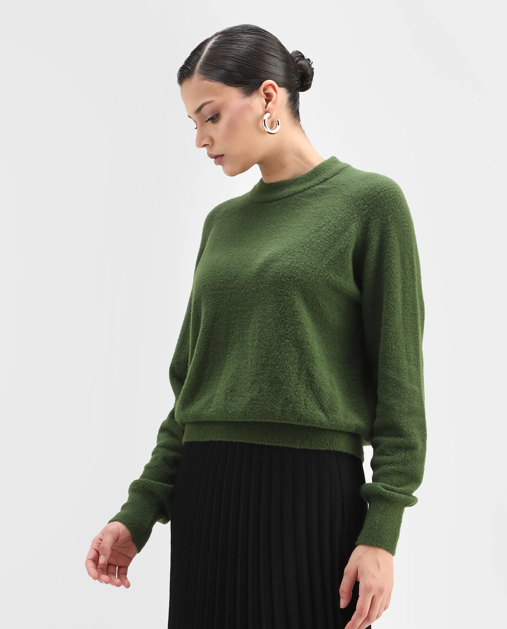 Rareism Women's Roho Dark Green Nylon Crew Neck Relaxed Fit Sweater - Image 7