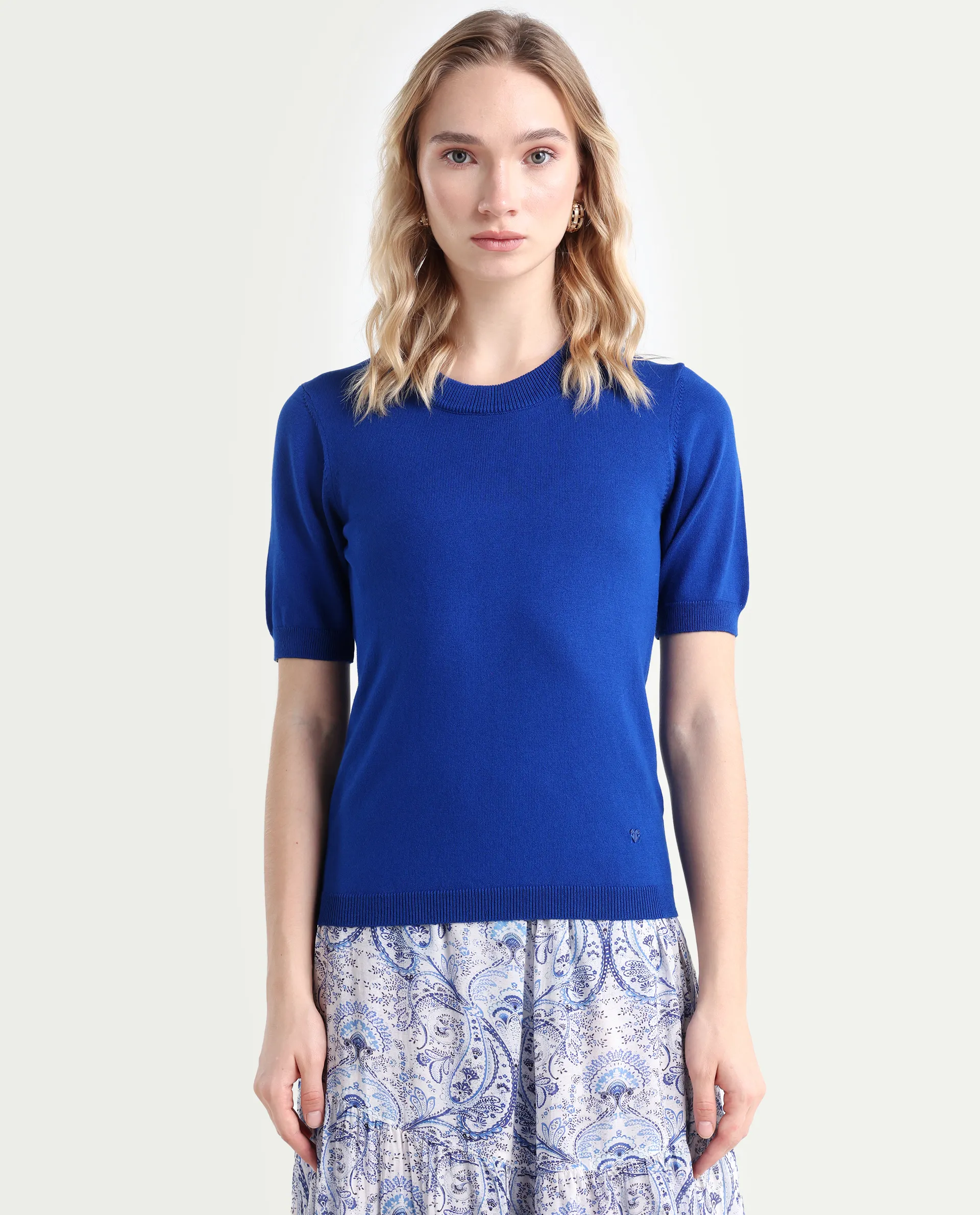Rareism Women's Rohrdo Blue Cotton Blend Crew Neck Plain Regular Fit Sweater - Image 3