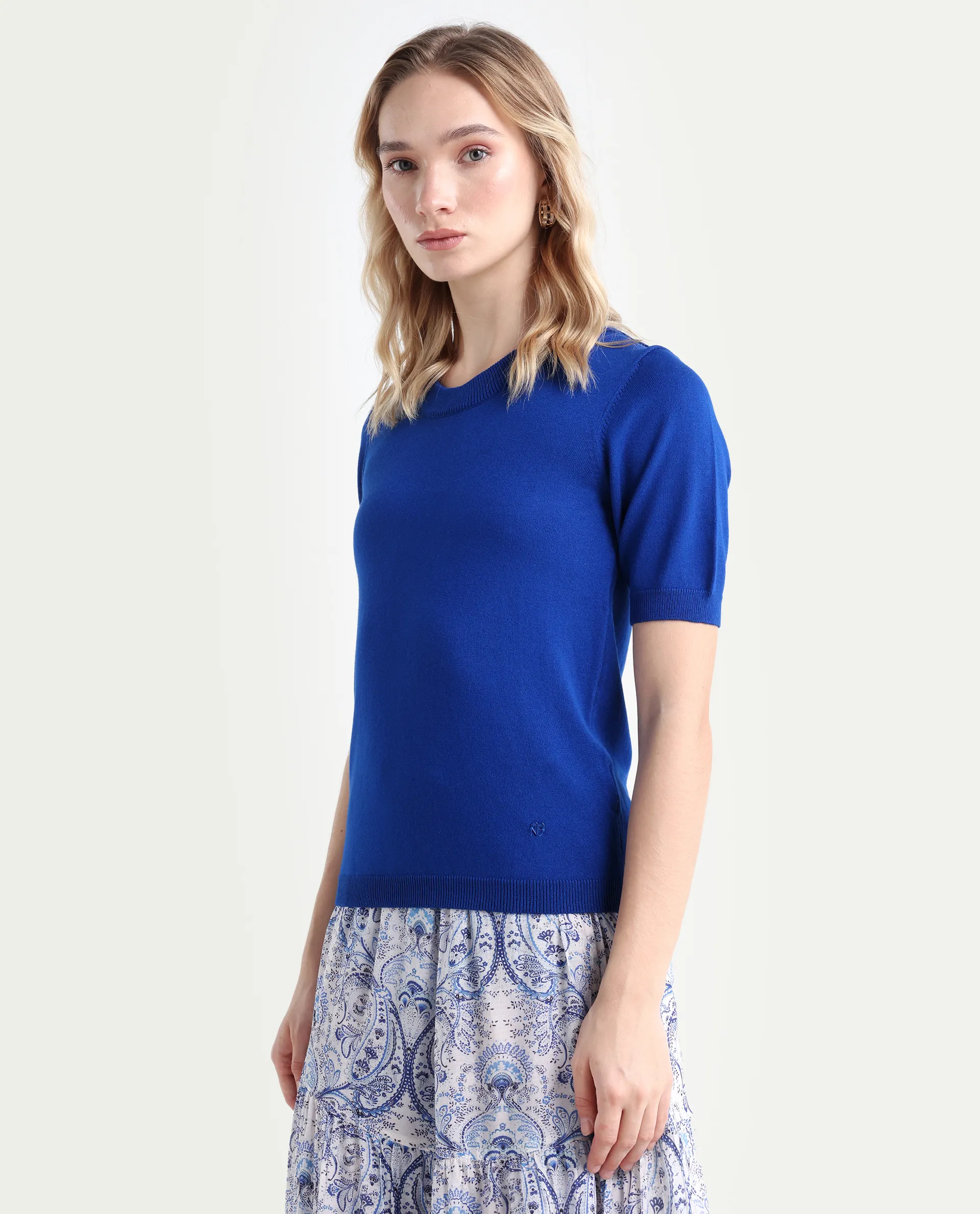 Rareism Women's Rohrdo Blue Cotton Blend Crew Neck Plain Regular Fit Sweater - Image 5
