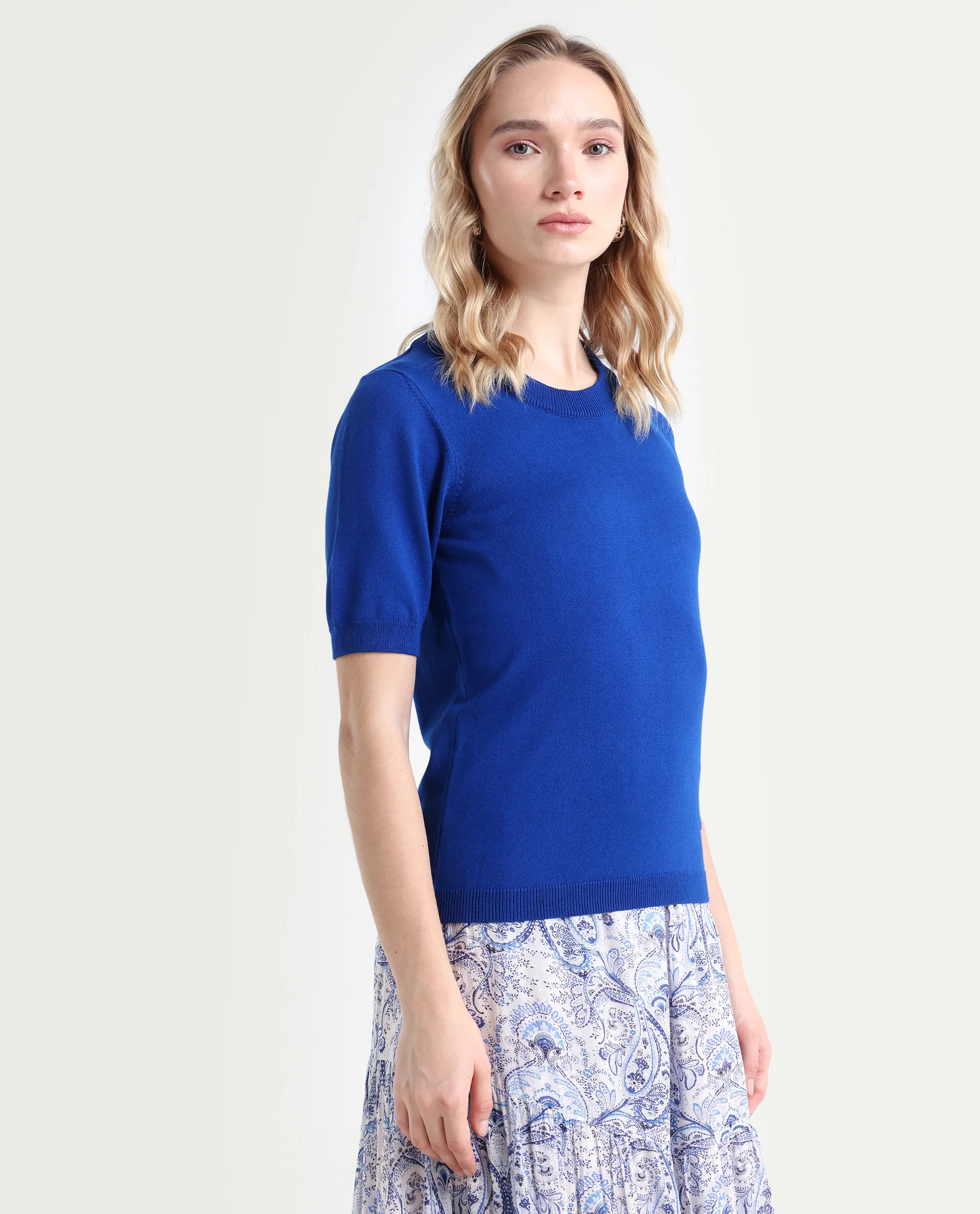 Rareism Women's Rohrdo Blue Cotton Blend Crew Neck Plain Regular Fit Sweater - Image 6
