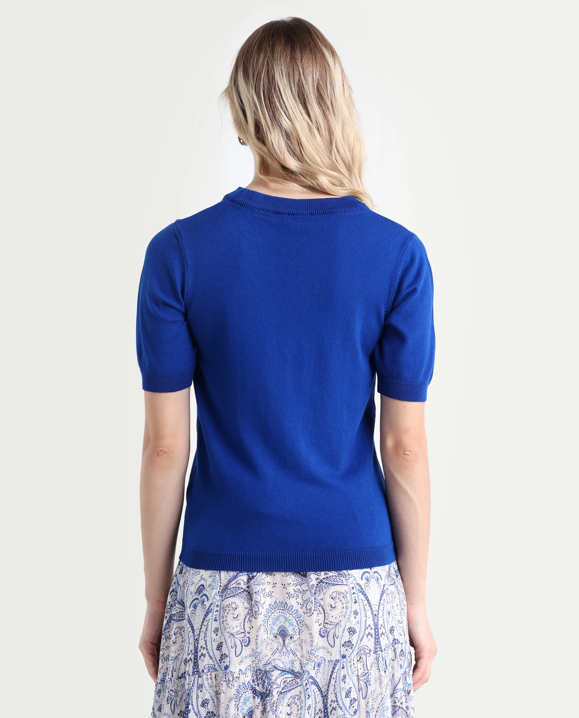 Rareism Women's Rohrdo Blue Cotton Blend Crew Neck Plain Regular Fit Sweater - Image 7
