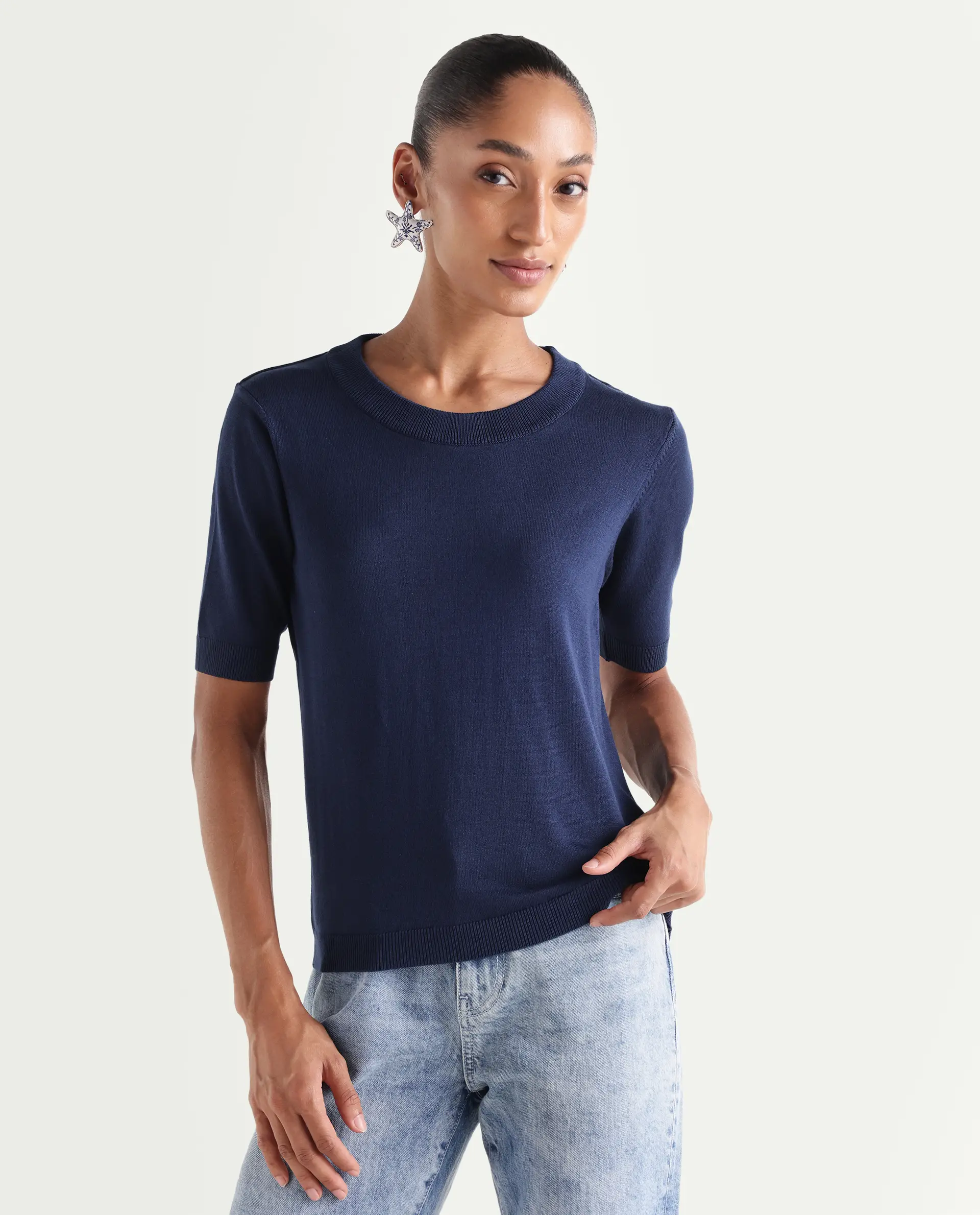 Rareism Women's Rohrdo Dark Navy Viscose Blend Crew Neck Regular Fit Plain Sweater