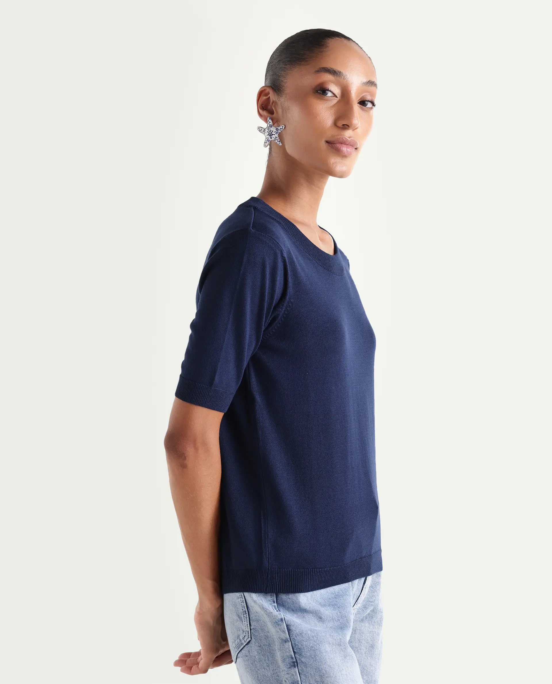 Rareism Women's Rohrdo Dark Navy Viscose Blend Crew Neck Regular Fit Plain Sweater - Image 5