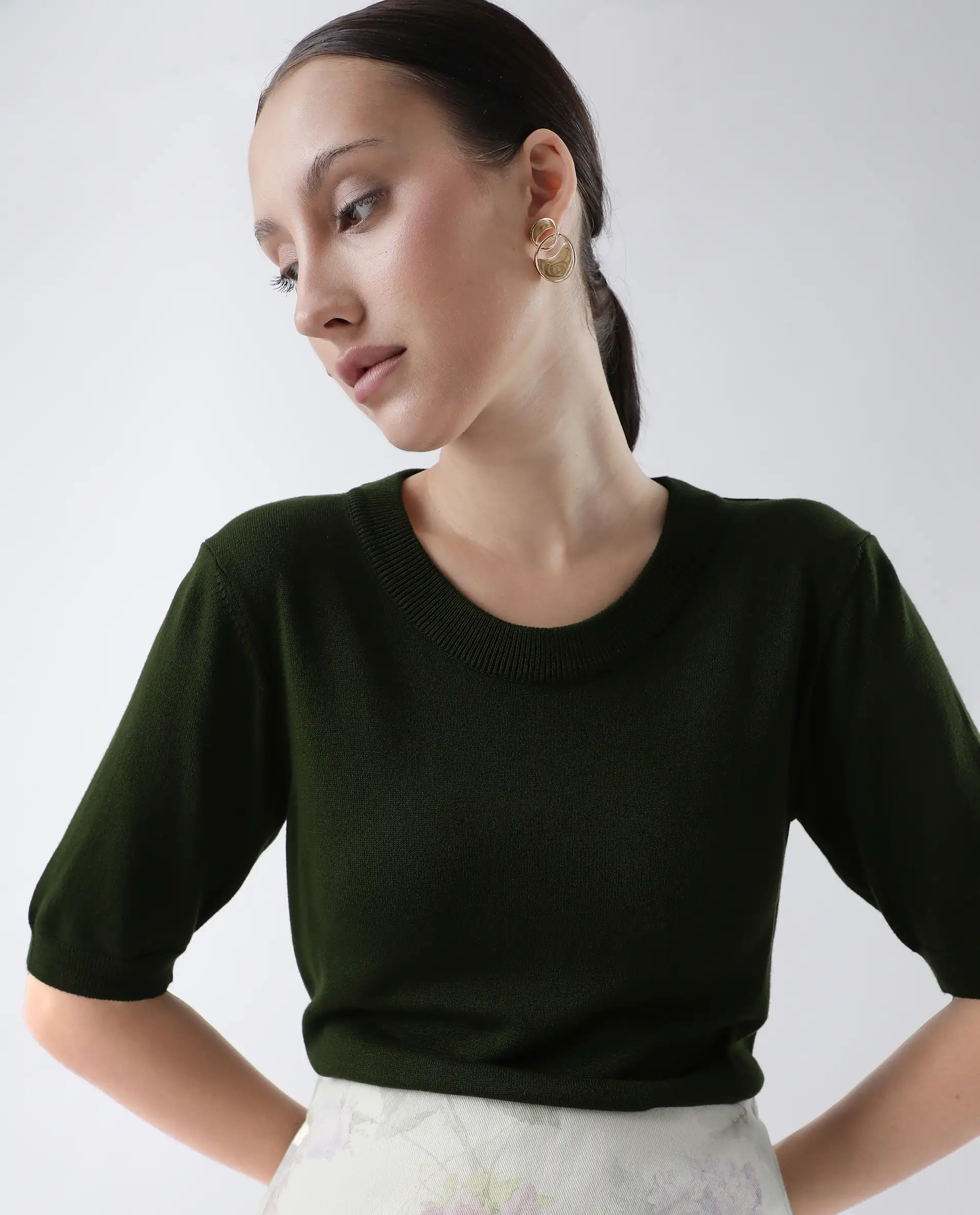 Rareism Women's Rohrdo Green Cotton Blend Crew Neck Plain Regular Fit Sweater - Image 2