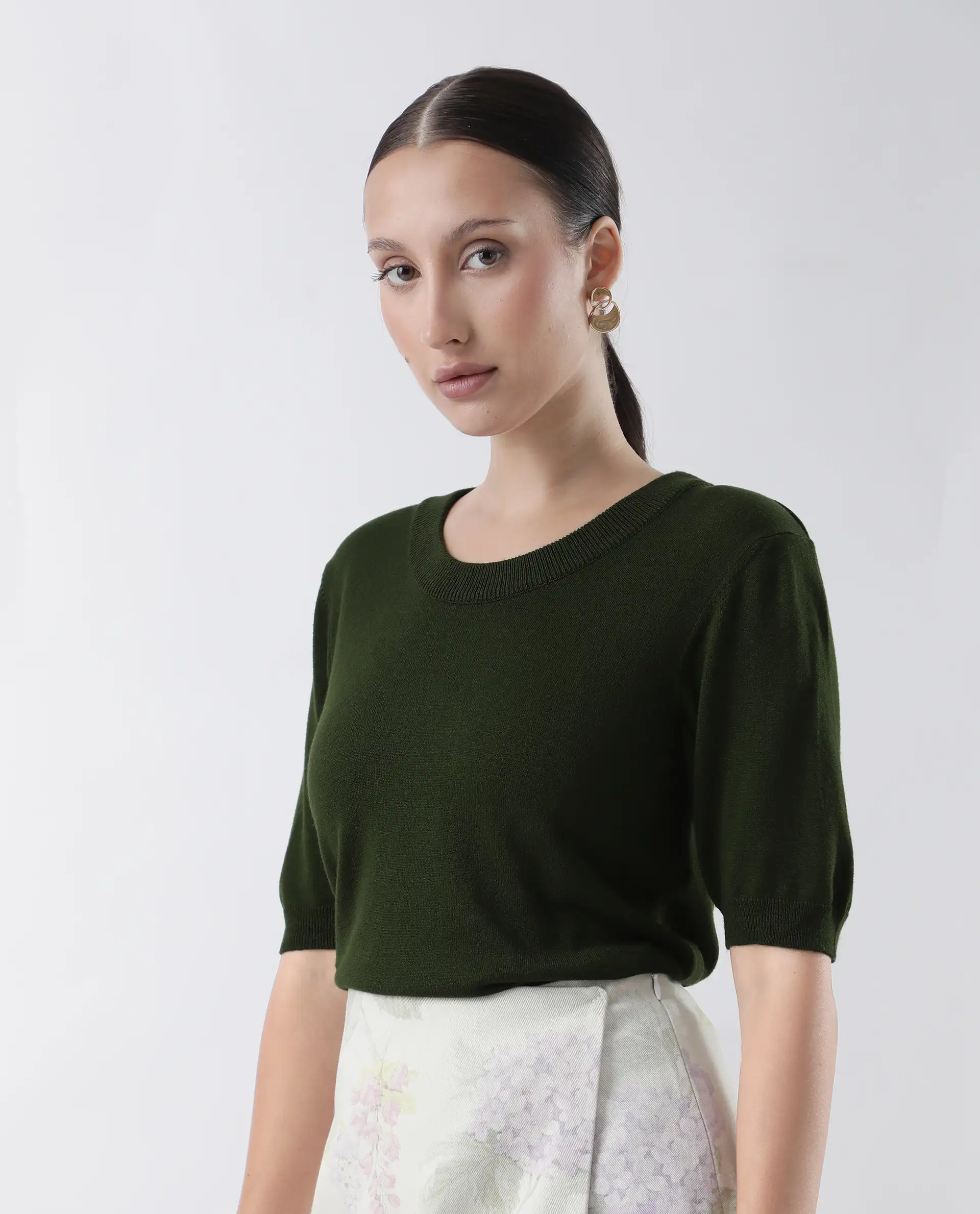 Rareism Women's Rohrdo Green Cotton Blend Crew Neck Plain Regular Fit Sweater - Image 5