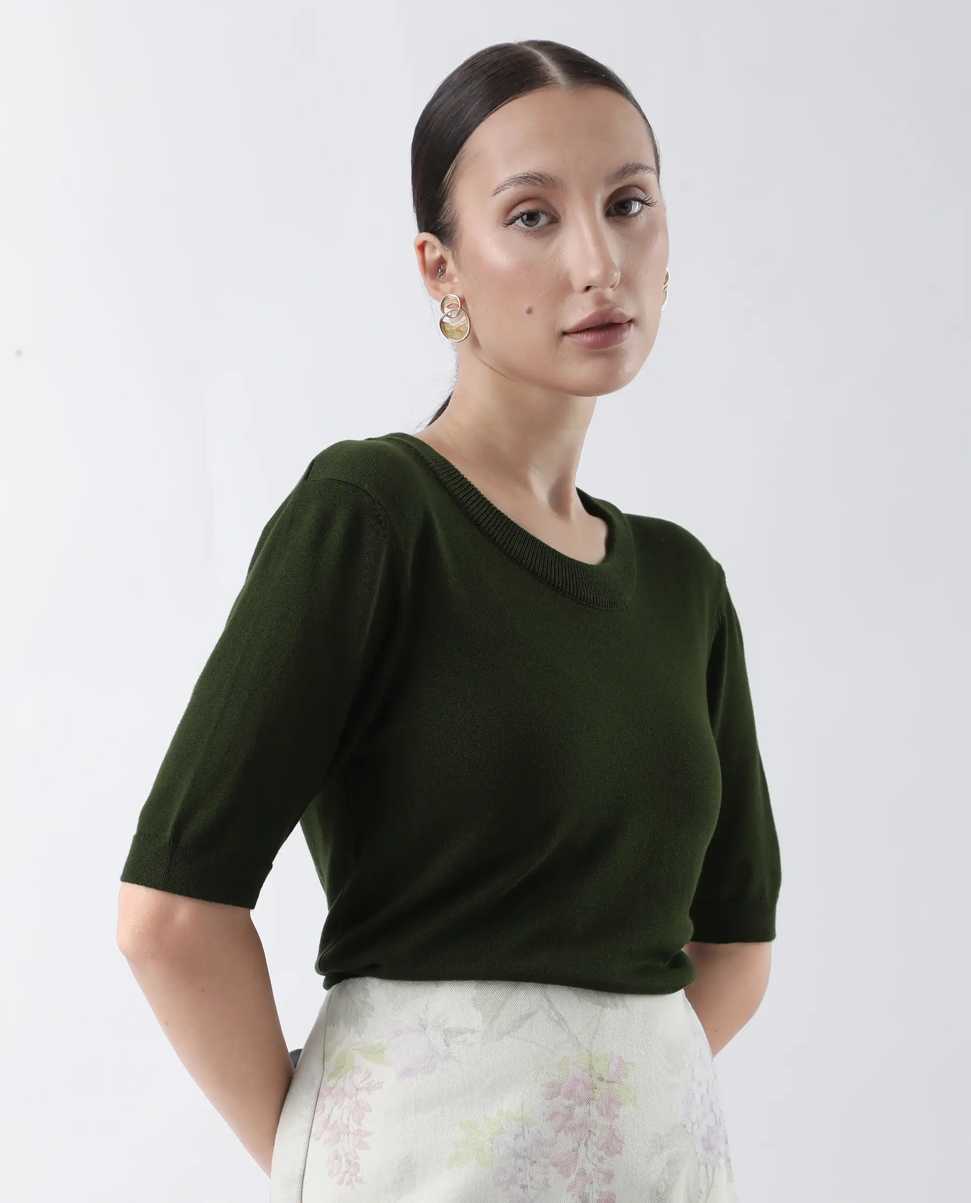 Rareism Women's Rohrdo Green Cotton Blend Crew Neck Plain Regular Fit Sweater - Image 6