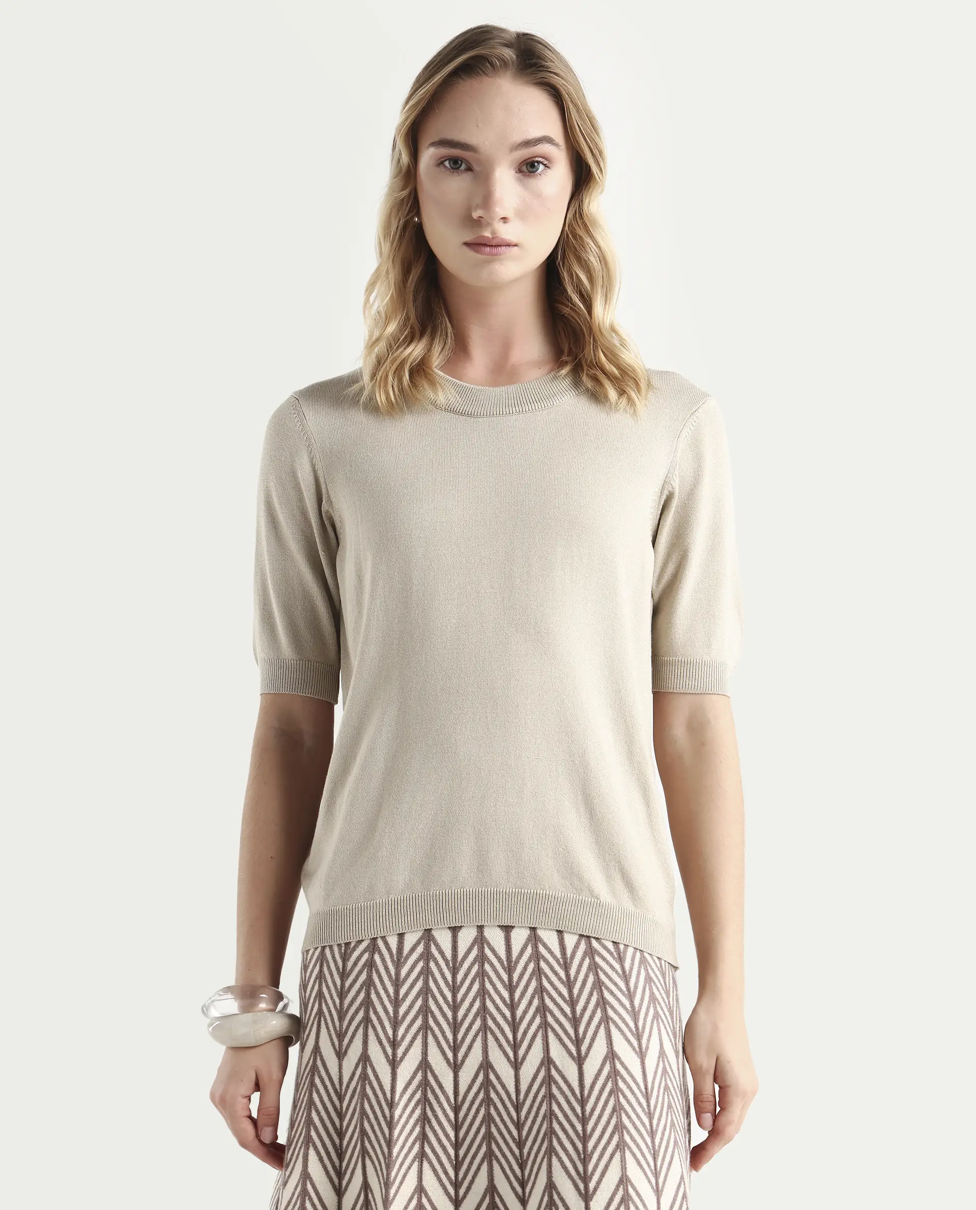 Rareism Women's Rohrdo Light Beige Viscose Blend Crew Neck Regular Fit Plain Sweater - Image 3