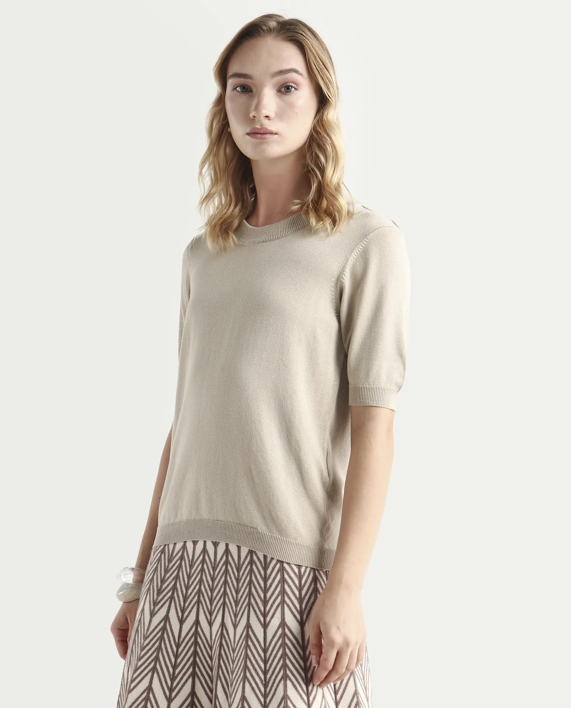 Rareism Women's Rohrdo Light Beige Viscose Blend Crew Neck Regular Fit Plain Sweater - Image 5
