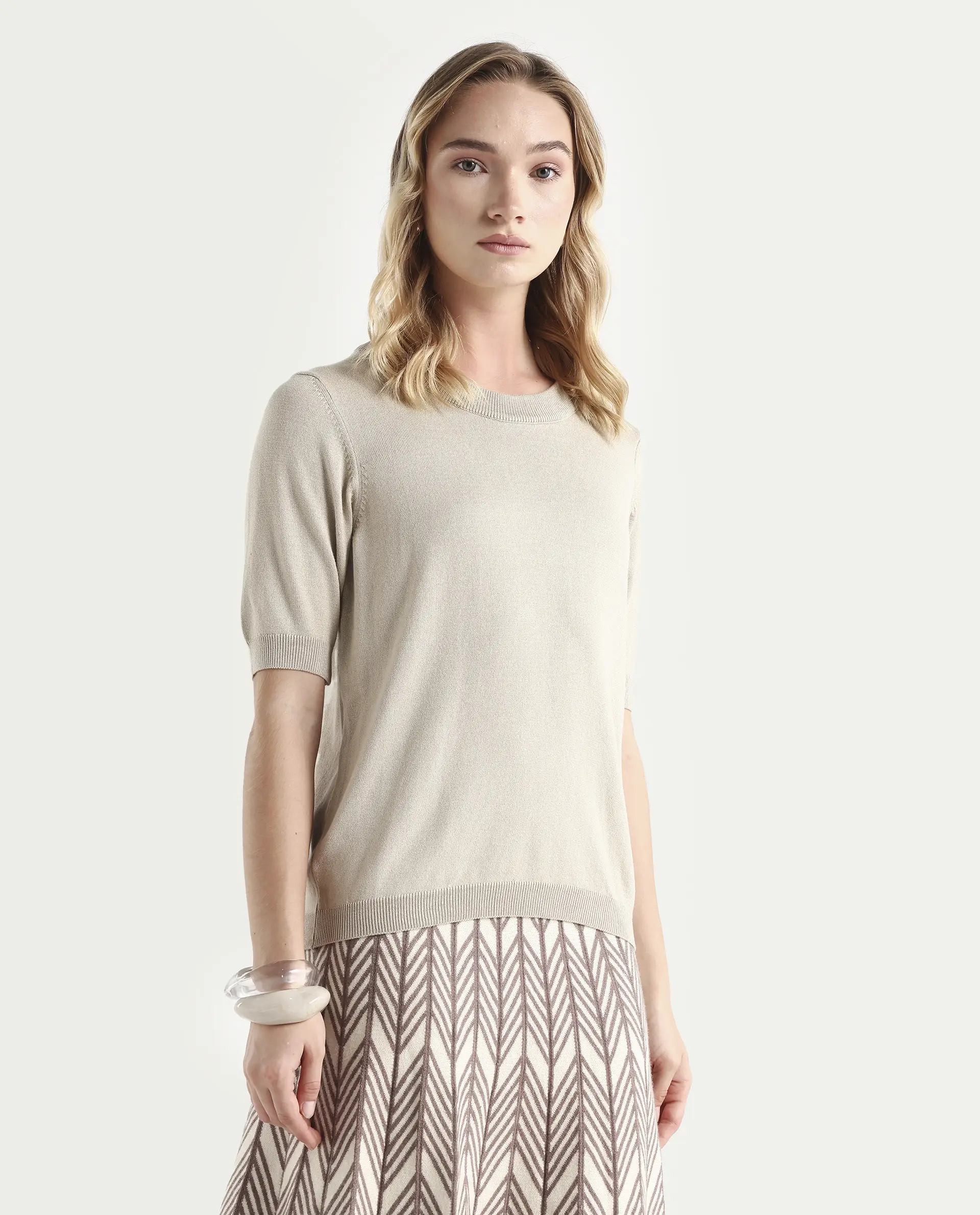 Rareism Women's Rohrdo Light Beige Viscose Blend Crew Neck Regular Fit Plain Sweater - Image 6