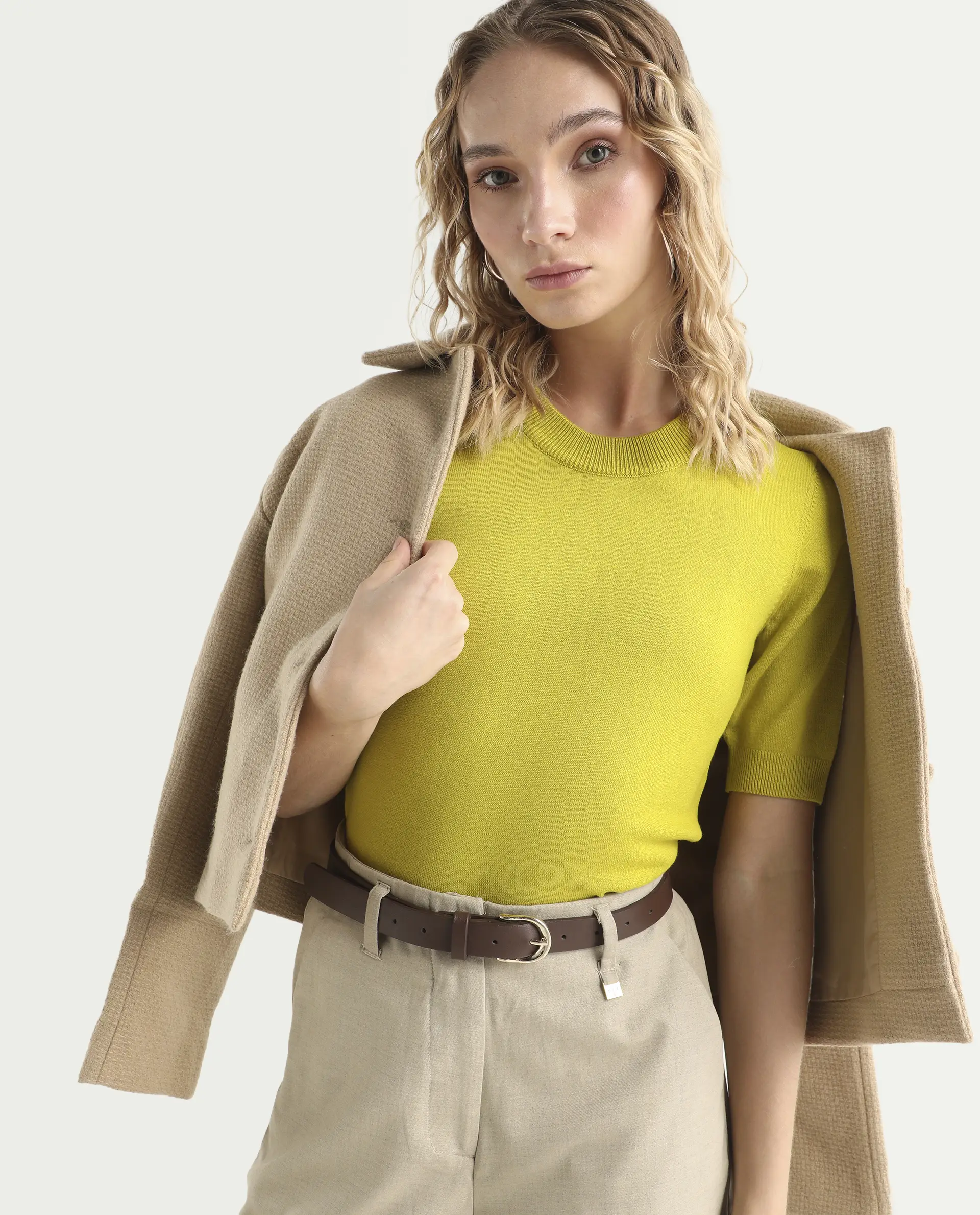 Rareism Women's Rohrdo Light Yellow Viscose Crew Neck Plain Regular Fit Sweater