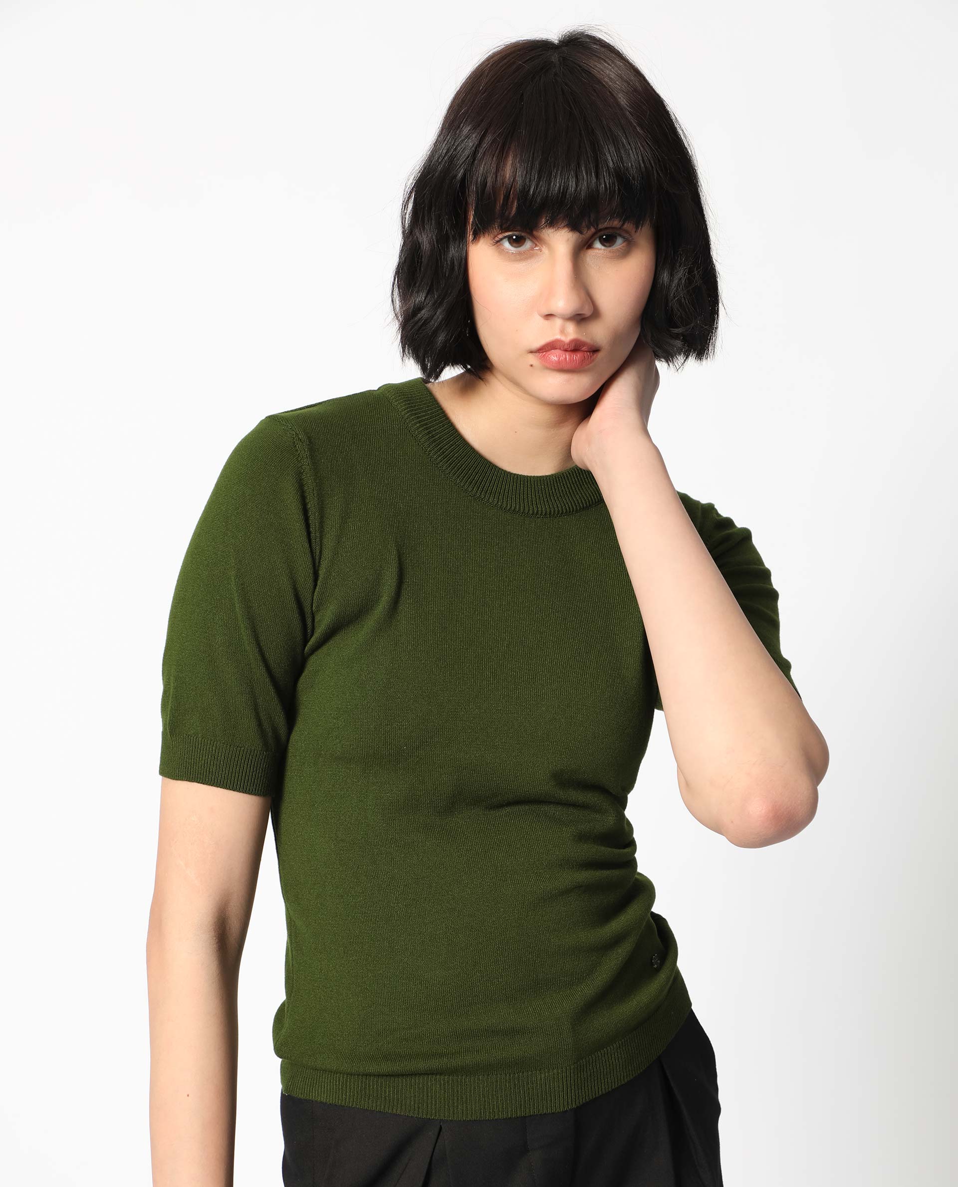 Rareism Women's Rohrdo Olive Viscose Crew Neck Plain Regular Fit Sweater