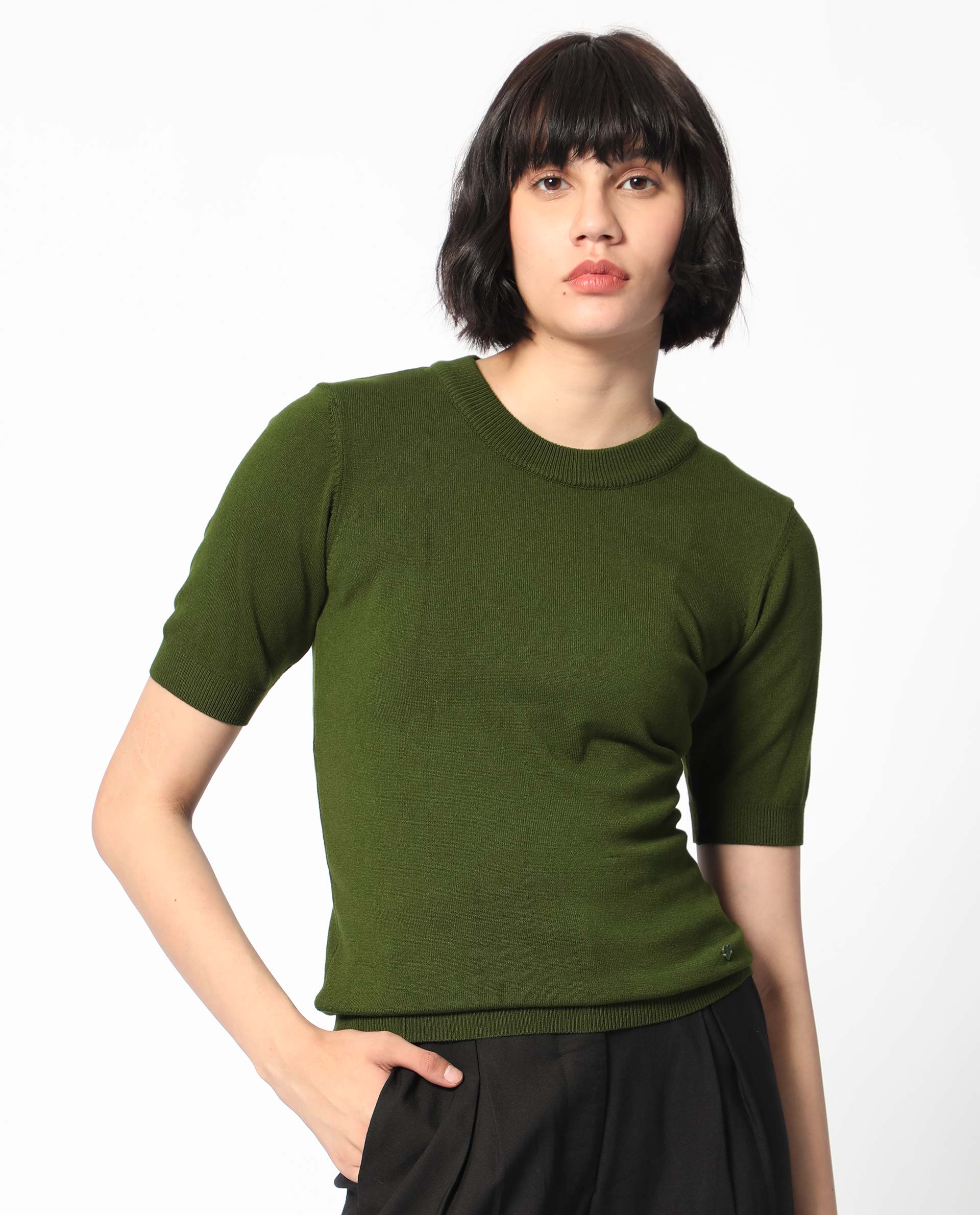 Rareism Women's Rohrdo Olive Viscose Crew Neck Plain Regular Fit Sweater - Image 3