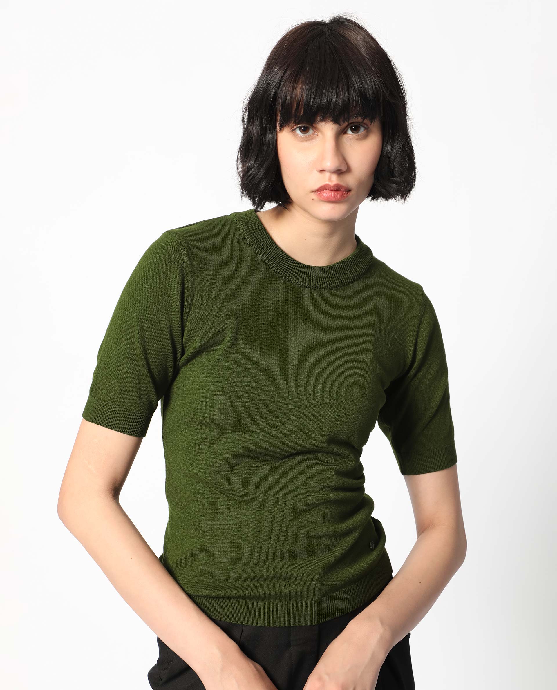 Rareism Women's Rohrdo Olive Viscose Crew Neck Plain Regular Fit Sweater - Image 6