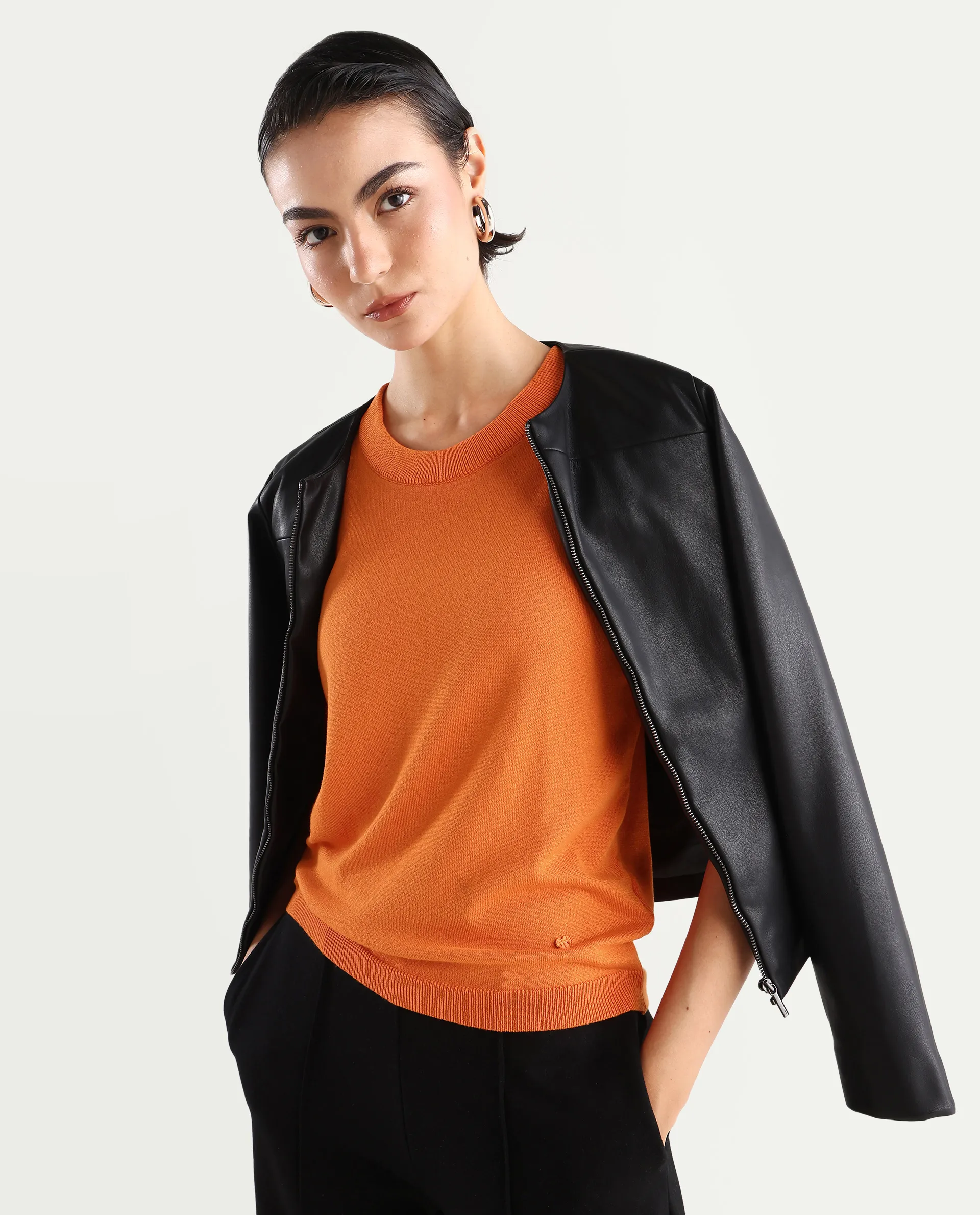 Rareism Women's Rohrdo Orange Cotton Blend Crew Neck Plain Regular Fit Sweater