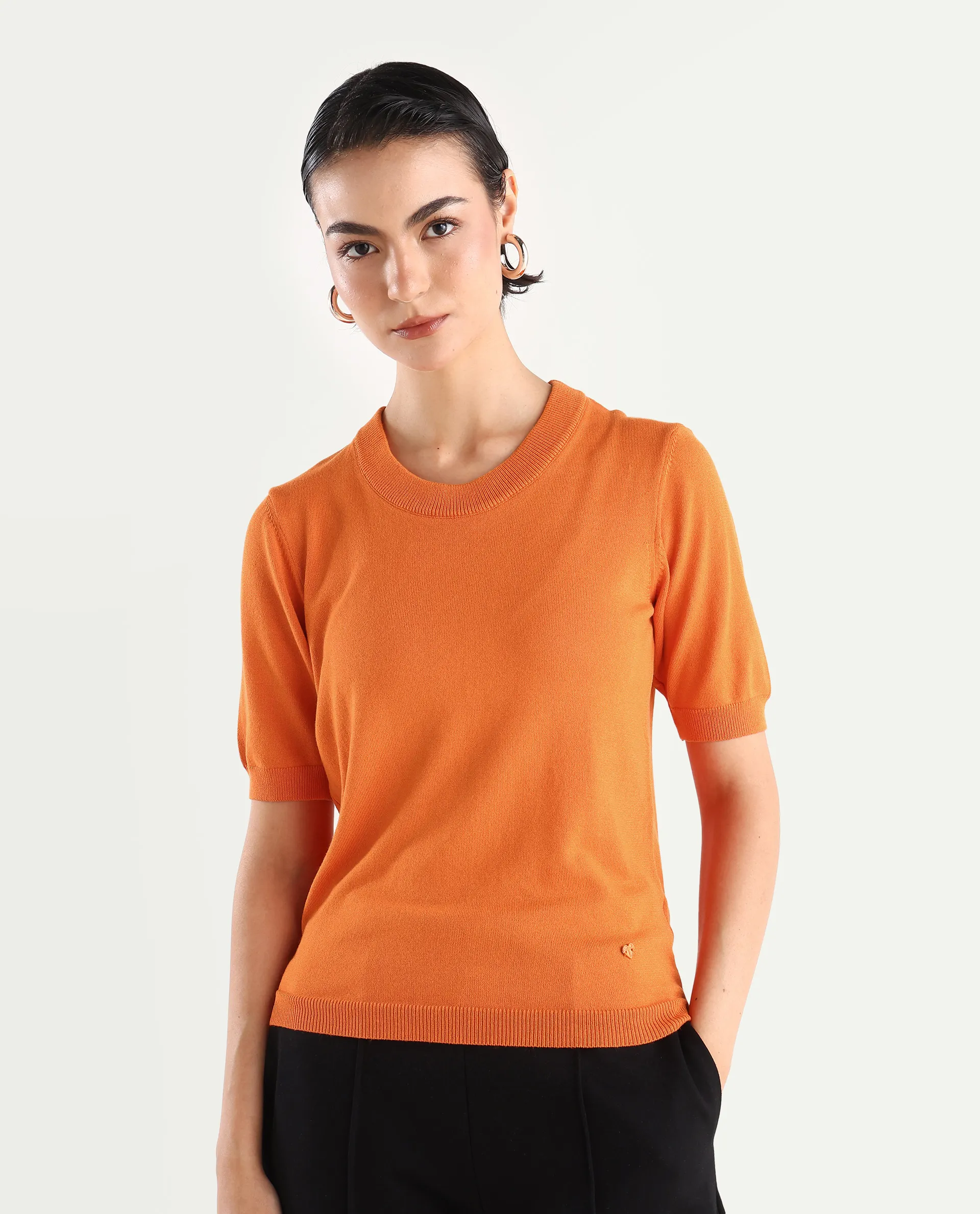 Rareism Women's Rohrdo Orange Cotton Blend Crew Neck Plain Regular Fit Sweater - Image 3