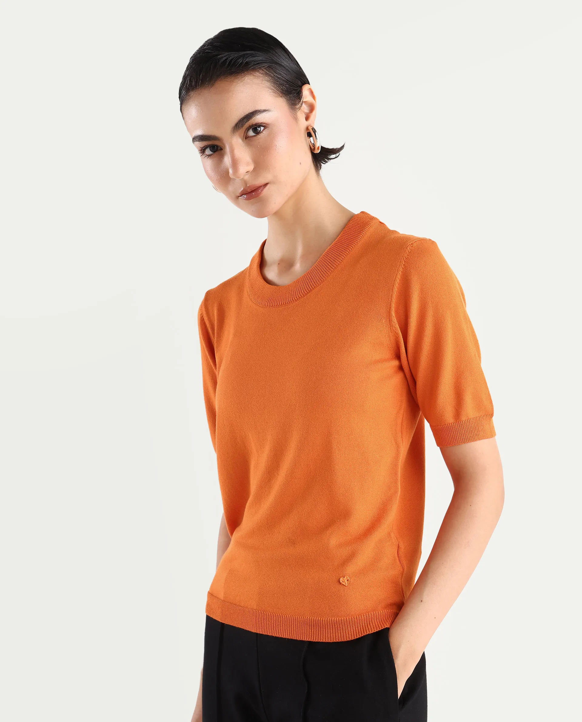 Rareism Women's Rohrdo Orange Cotton Blend Crew Neck Plain Regular Fit Sweater - Image 5