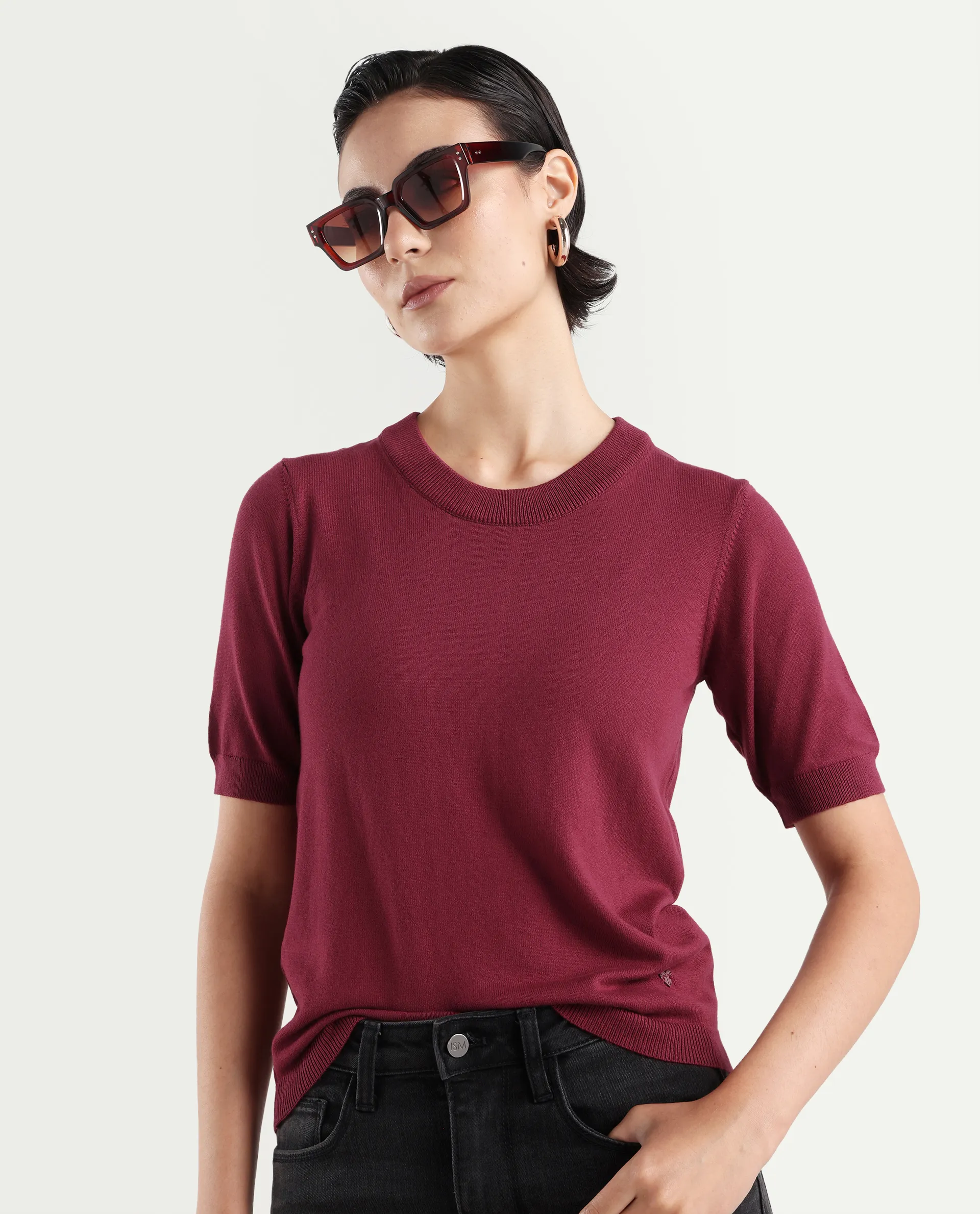 Rareism Women's Rohrdo Purple Cotton Blend Crew Neck Plain Regular Fit Sweater