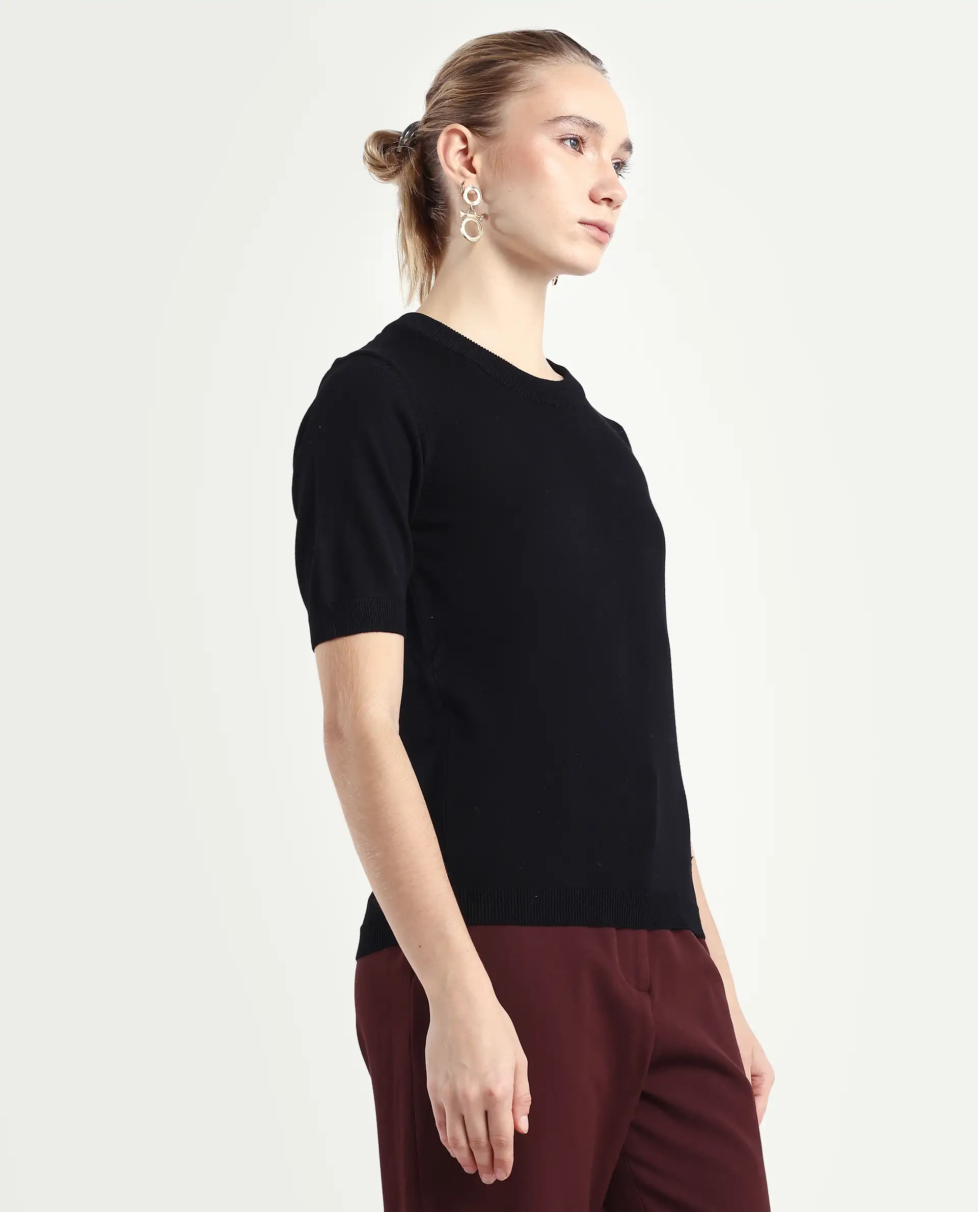 Rareism Women's Rohrdo Black Cotton Blend Crew Neck Plain Regular Fit Sweater - Image 6