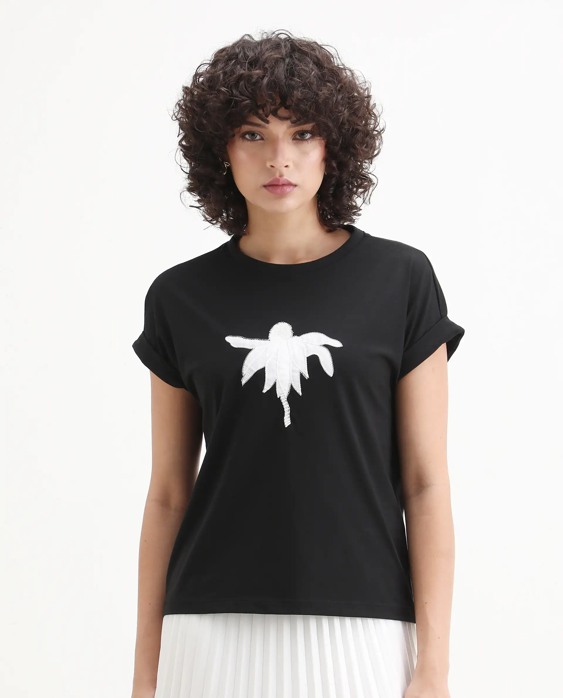 Rareism Women's Roil Black Cotton Blend Crew Neck Relaxed Fit T-Shirt - Image 3