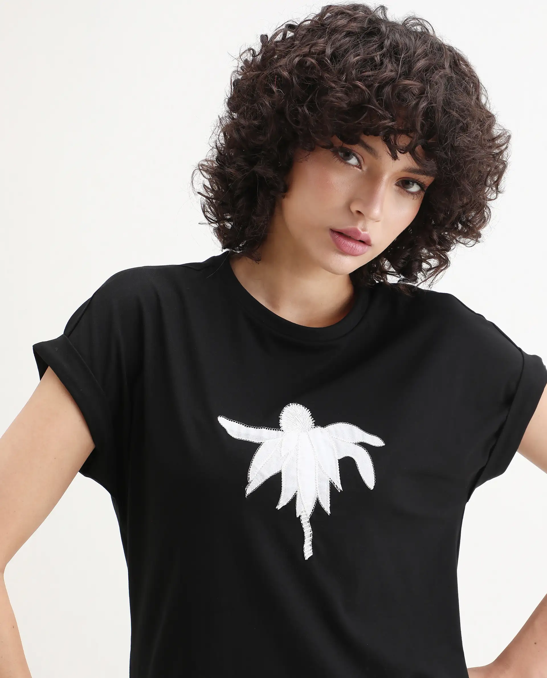 Rareism Women's Roil Black Cotton Blend Crew Neck Relaxed Fit T-Shirt - Image 4