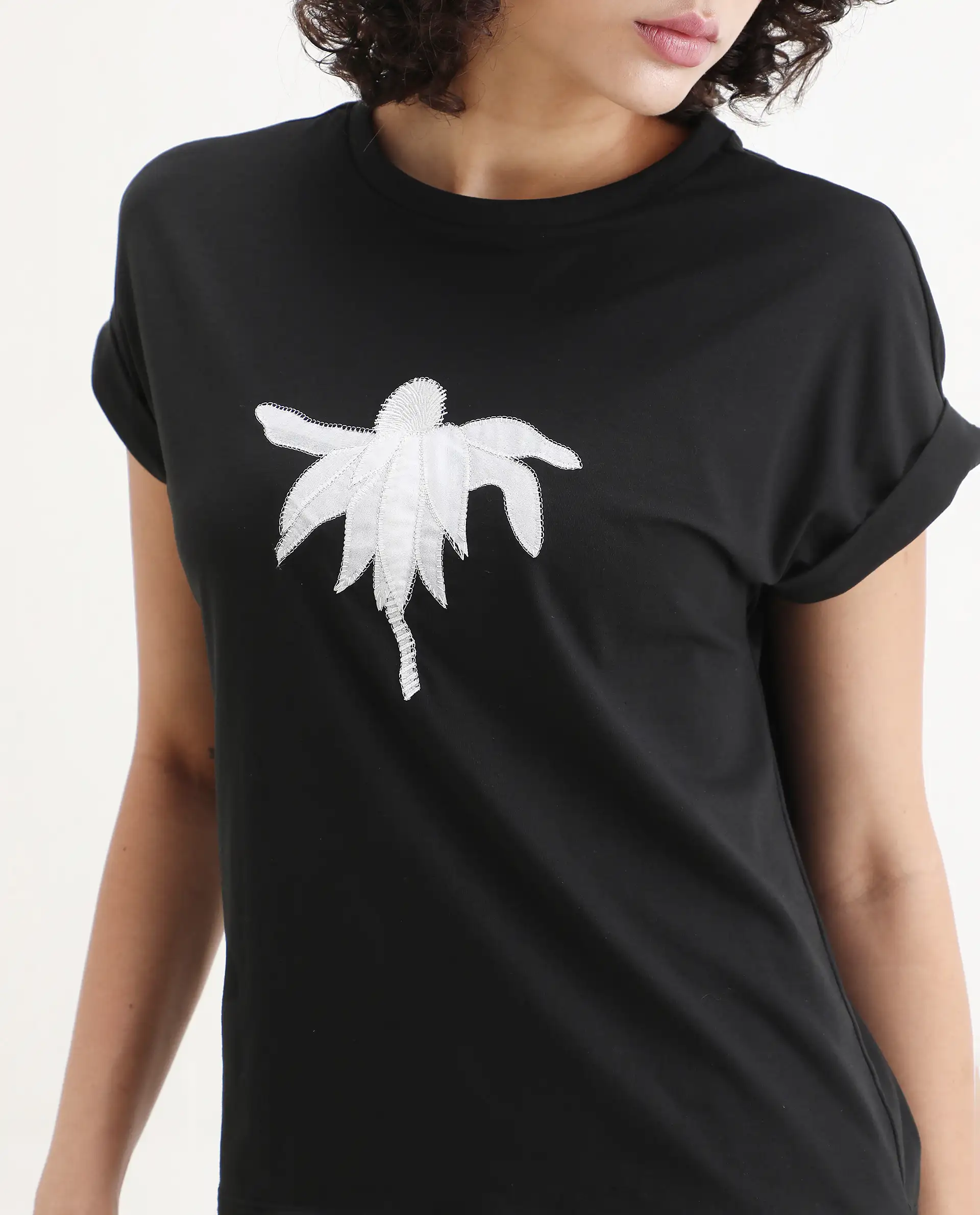 Rareism Women's Roil Black Cotton Blend Crew Neck Relaxed Fit T-Shirt - Image 5