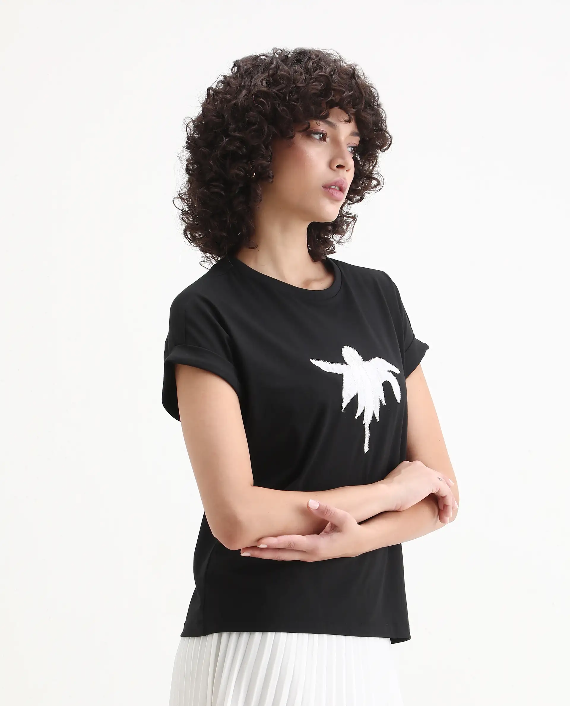 Rareism Women's Roil Black Cotton Blend Crew Neck Relaxed Fit T-Shirt - Image 6