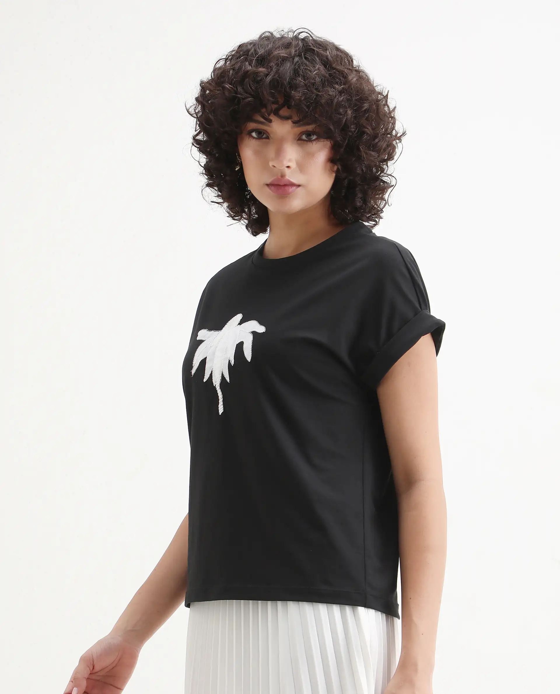 Rareism Women's Roil Black Cotton Blend Crew Neck Relaxed Fit T-Shirt - Image 7
