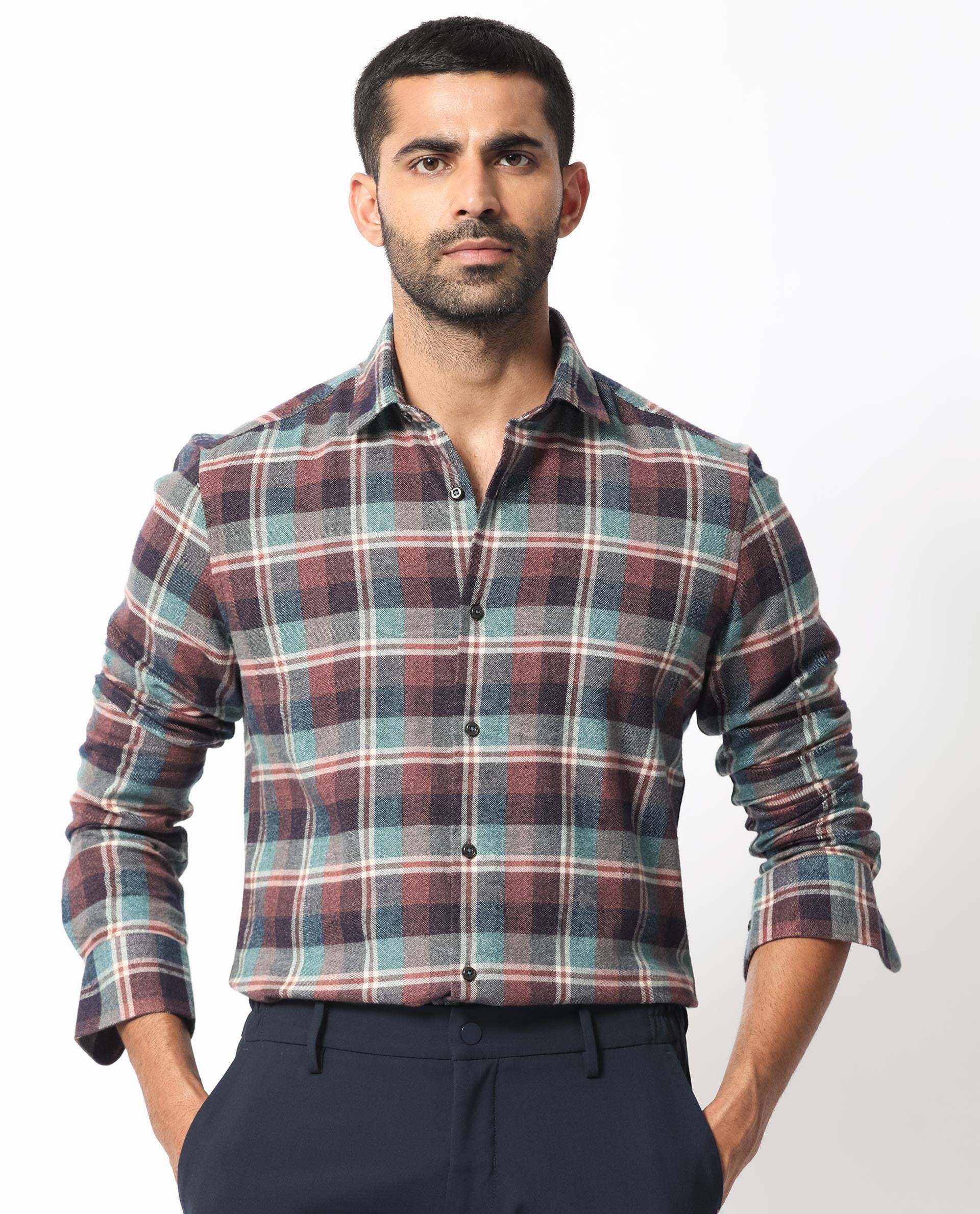 Rare Rabbit Men's Rojen Brown Cotton Checked Print Regular Fit Full Sleeve Collared Shirt