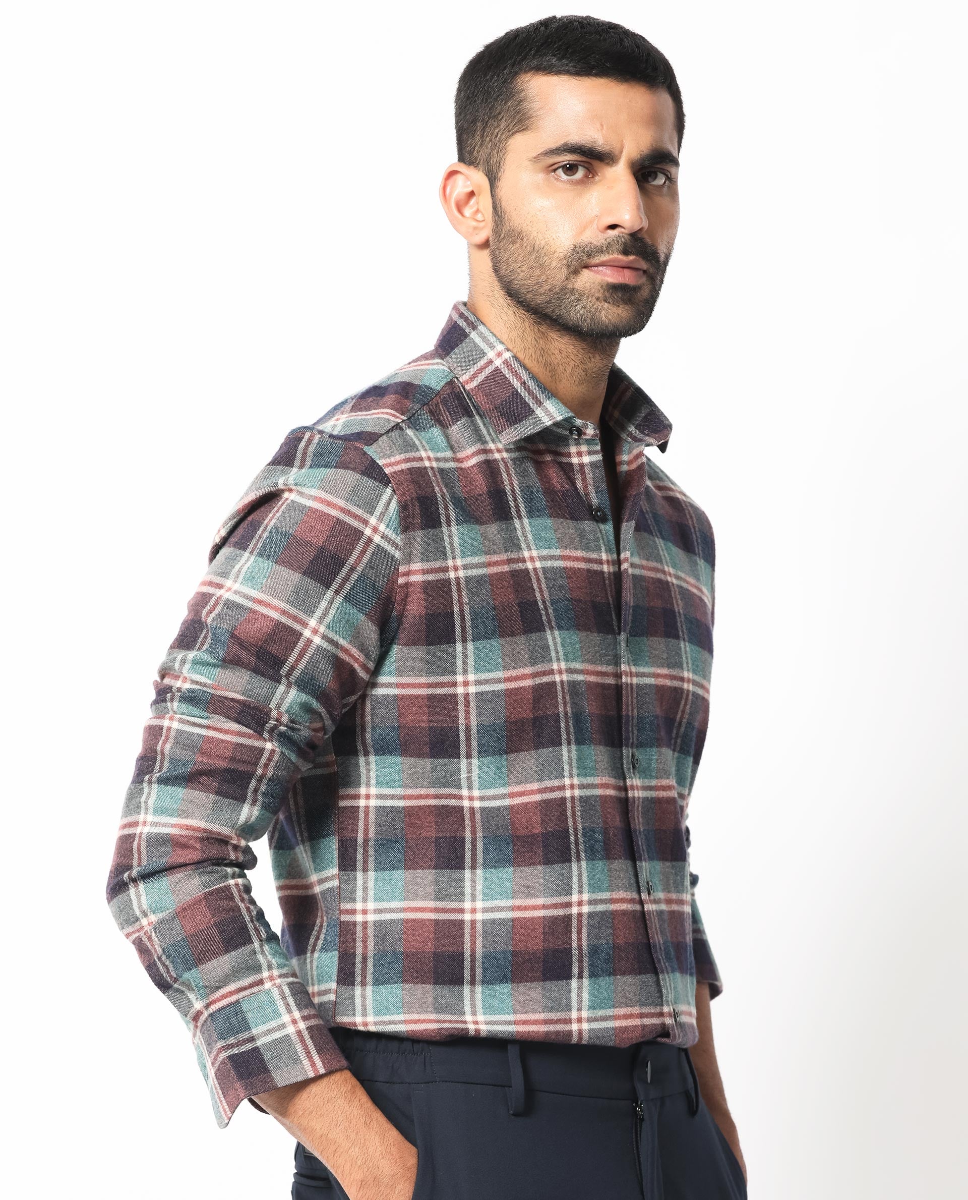 Rare Rabbit Men's Rojen Brown Cotton Checked Print Regular Fit Full Sleeve Collared Shirt - Image 2