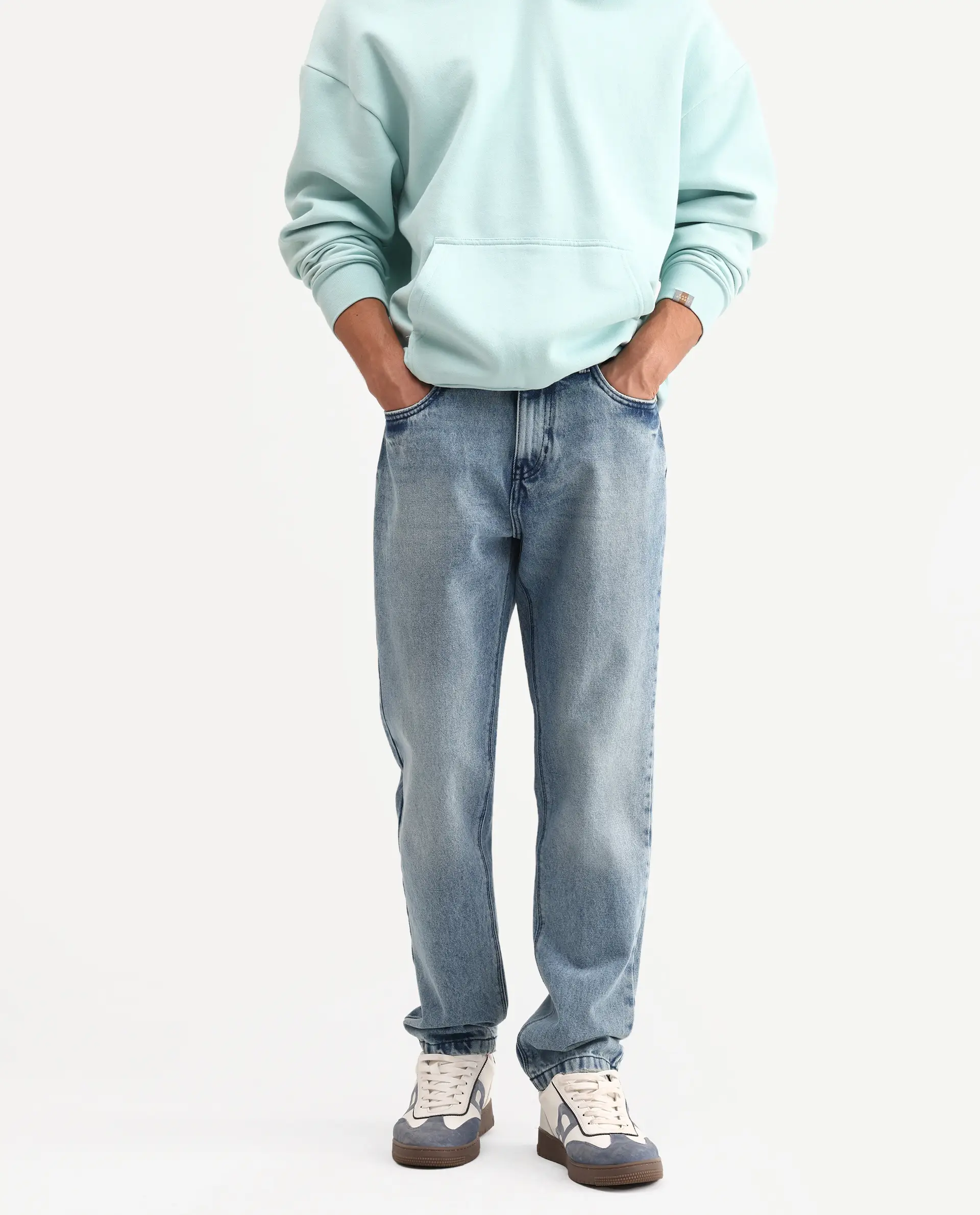 Rare Rabbit Men's Rokk Light Blue Cotton Blend Fabric Shank And Zipper Kurt Carrot Plain Jeans - Image 2
