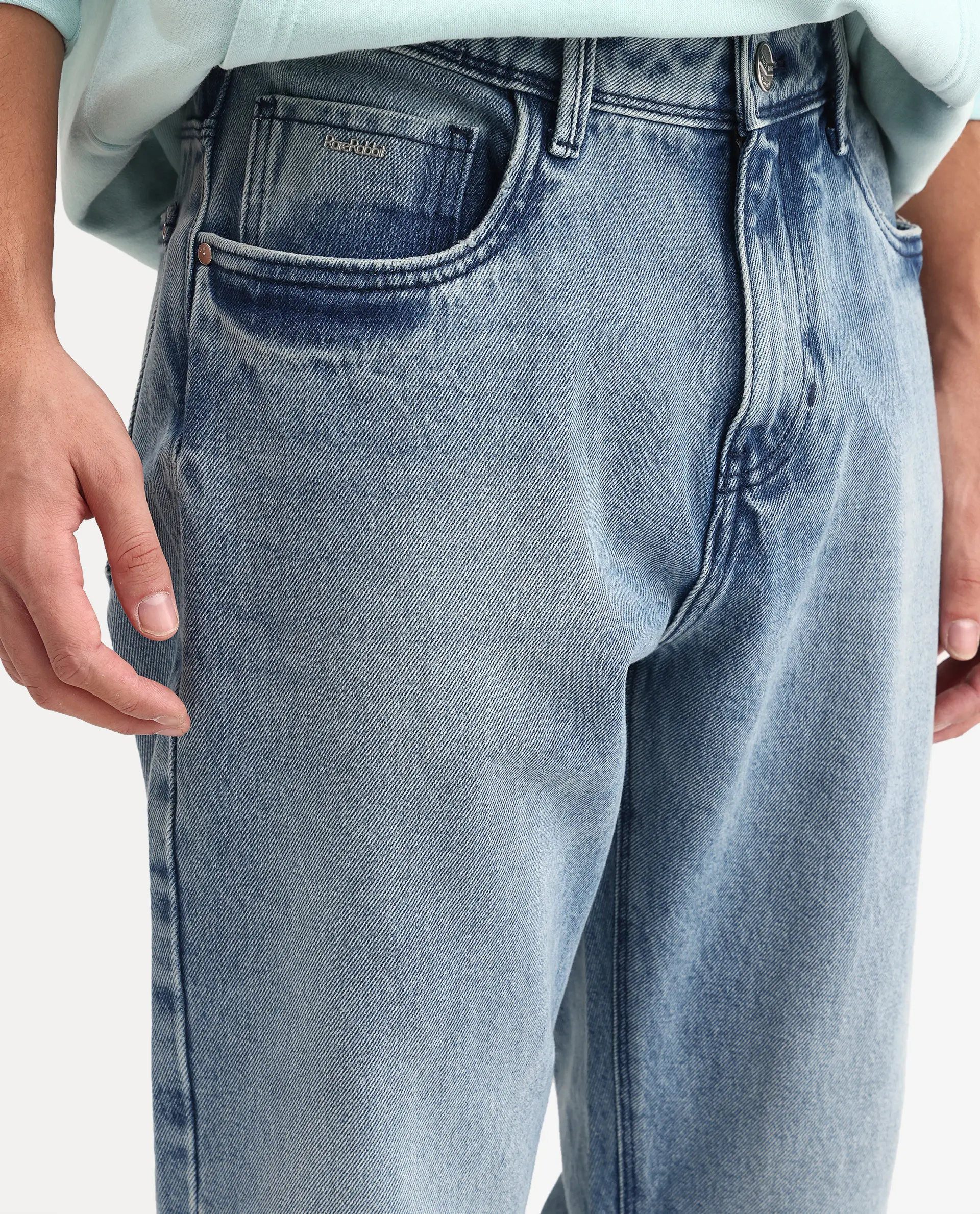 Rare Rabbit Men's Rokk Light Blue Cotton Blend Fabric Shank And Zipper Kurt Carrot Plain Jeans - Image 3