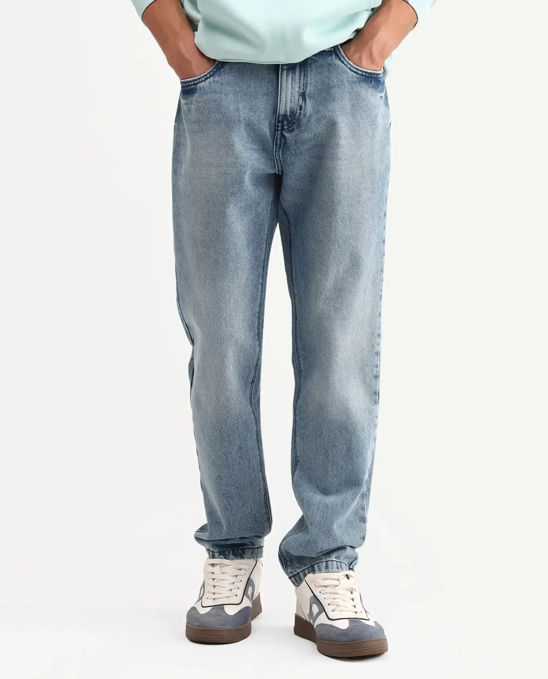Rare Rabbit Men's Rokk Light Blue Cotton Blend Fabric Shank And Zipper Kurt Carrot Plain Jeans - Image 8