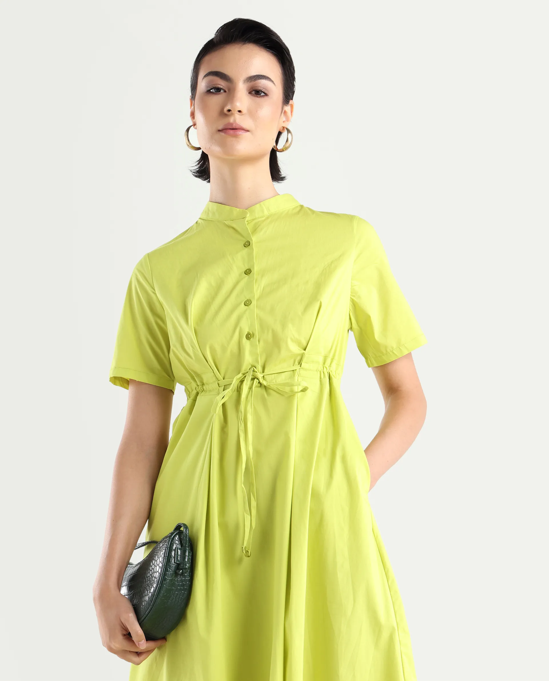 Rareism Women's Rokl Green Cotton Blend Mandarin Collar Plain Midi Flared Dress - Image 3