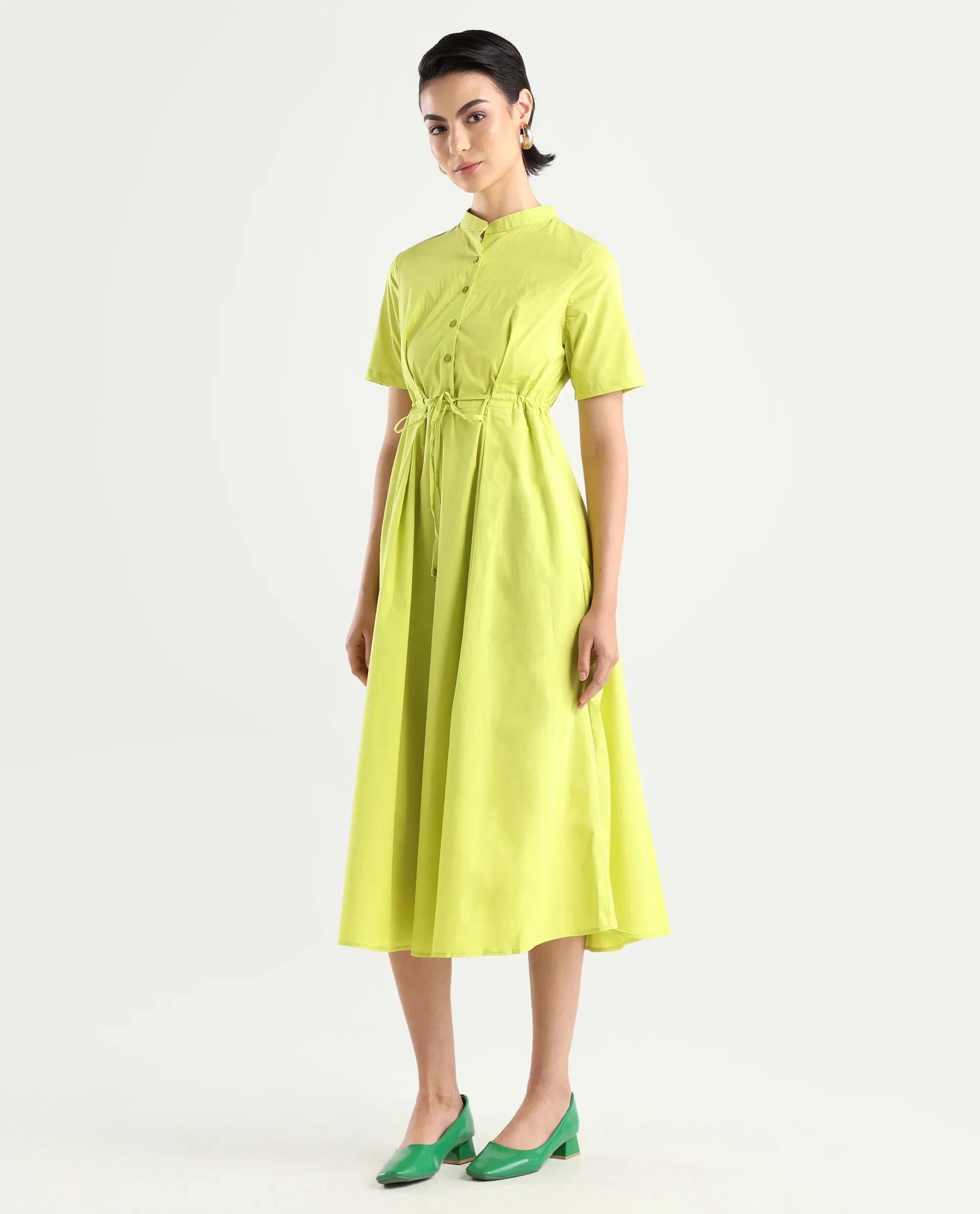 Rareism Women's Rokl Green Cotton Blend Mandarin Collar Plain Midi Flared Dress - Image 5