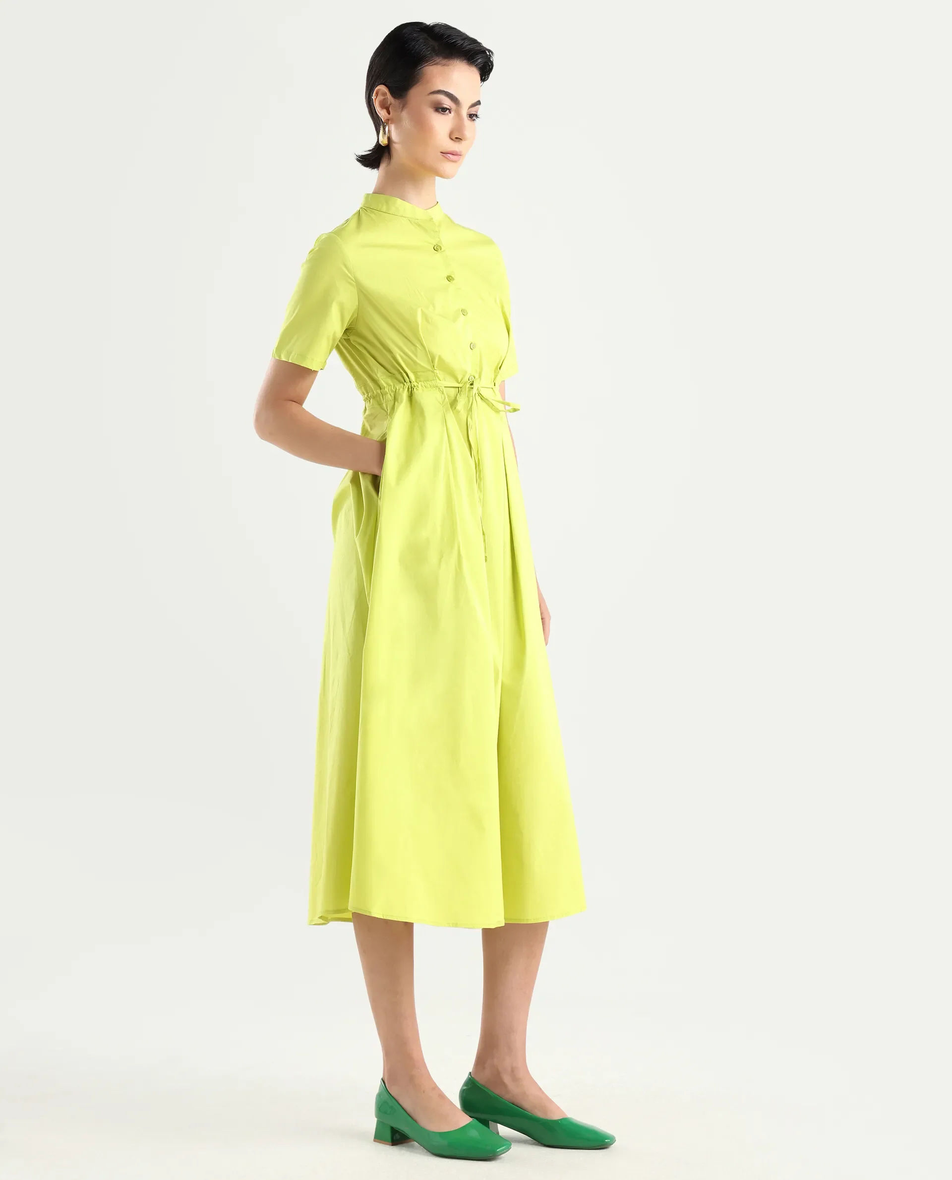 Rareism Women's Rokl Green Cotton Blend Mandarin Collar Plain Midi Flared Dress - Image 6