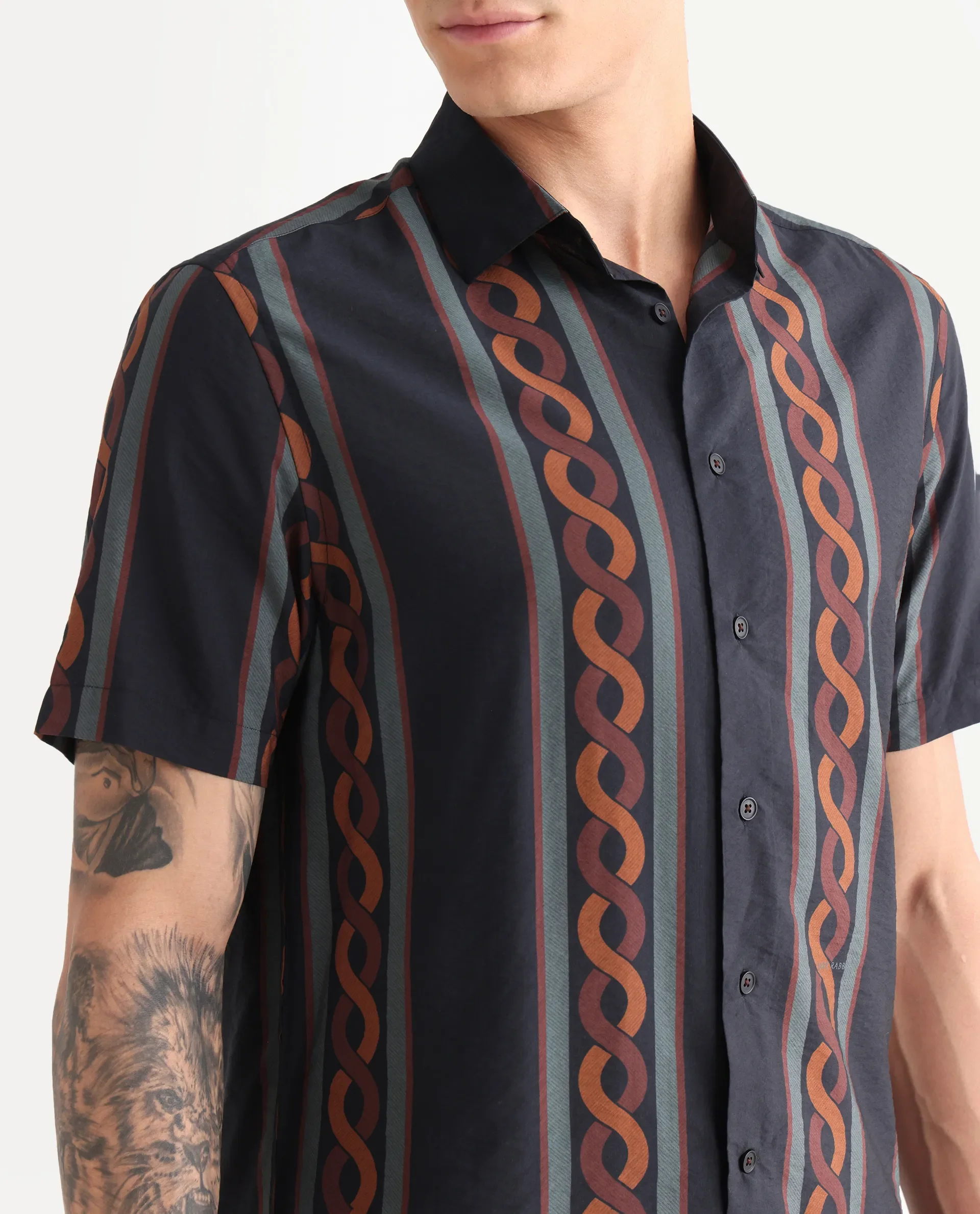 Rare Rabbit Men's Rold-1 Black Viscose Blend Geometric Print Relaxed Fit Half Sleeve Collared Shirt - Image 3