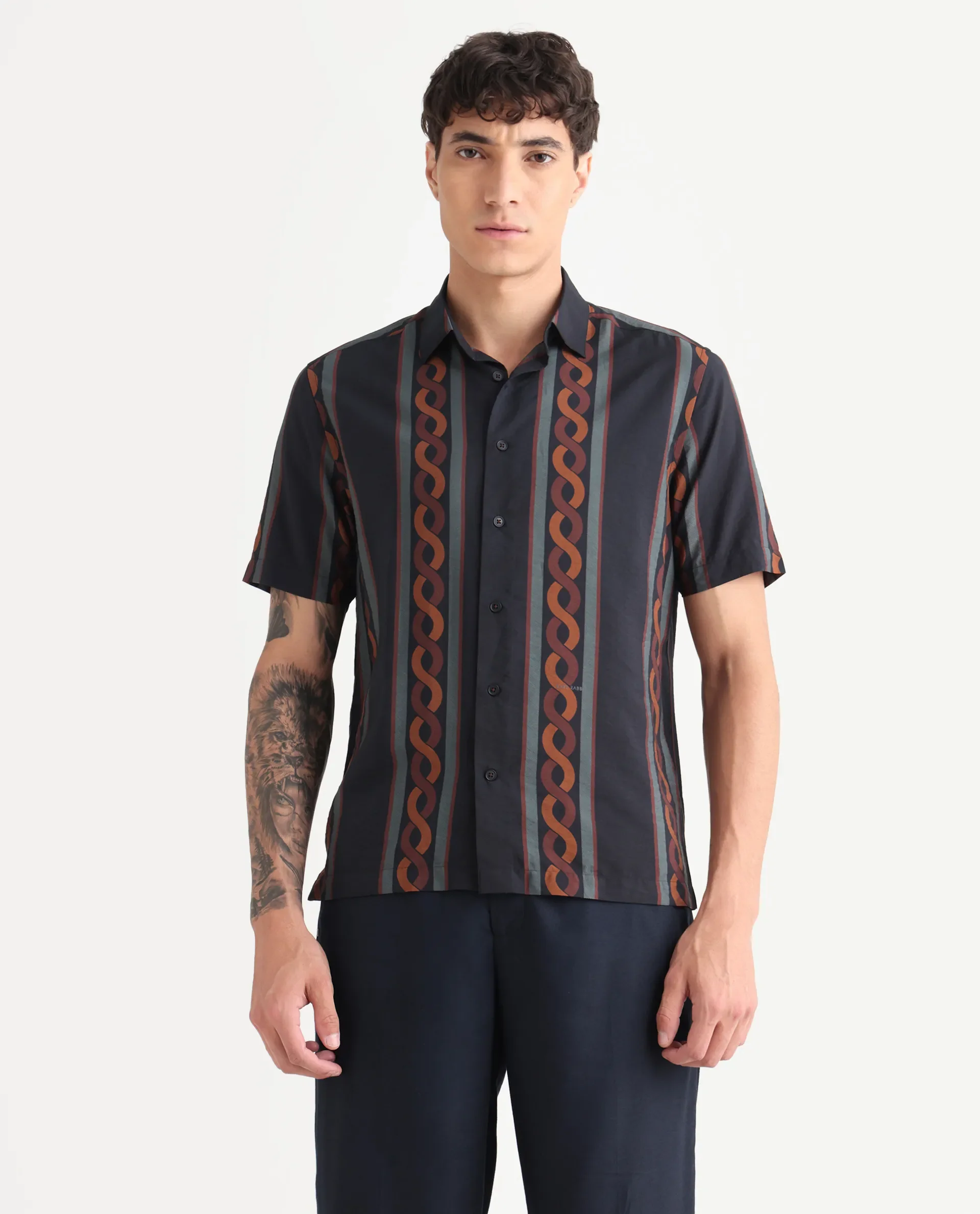Rare Rabbit Men's Rold-1 Black Viscose Blend Geometric Print Relaxed Fit Half Sleeve Collared Shirt - Image 4