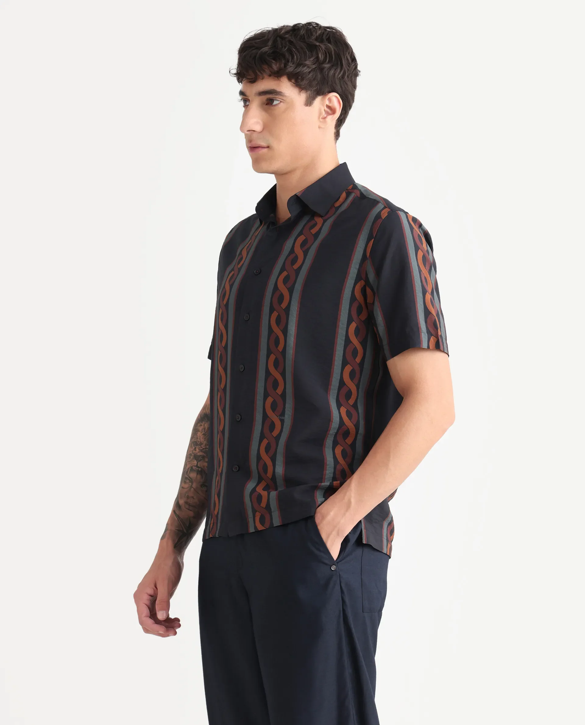Rare Rabbit Men's Rold-1 Black Viscose Blend Geometric Print Relaxed Fit Half Sleeve Collared Shirt - Image 5
