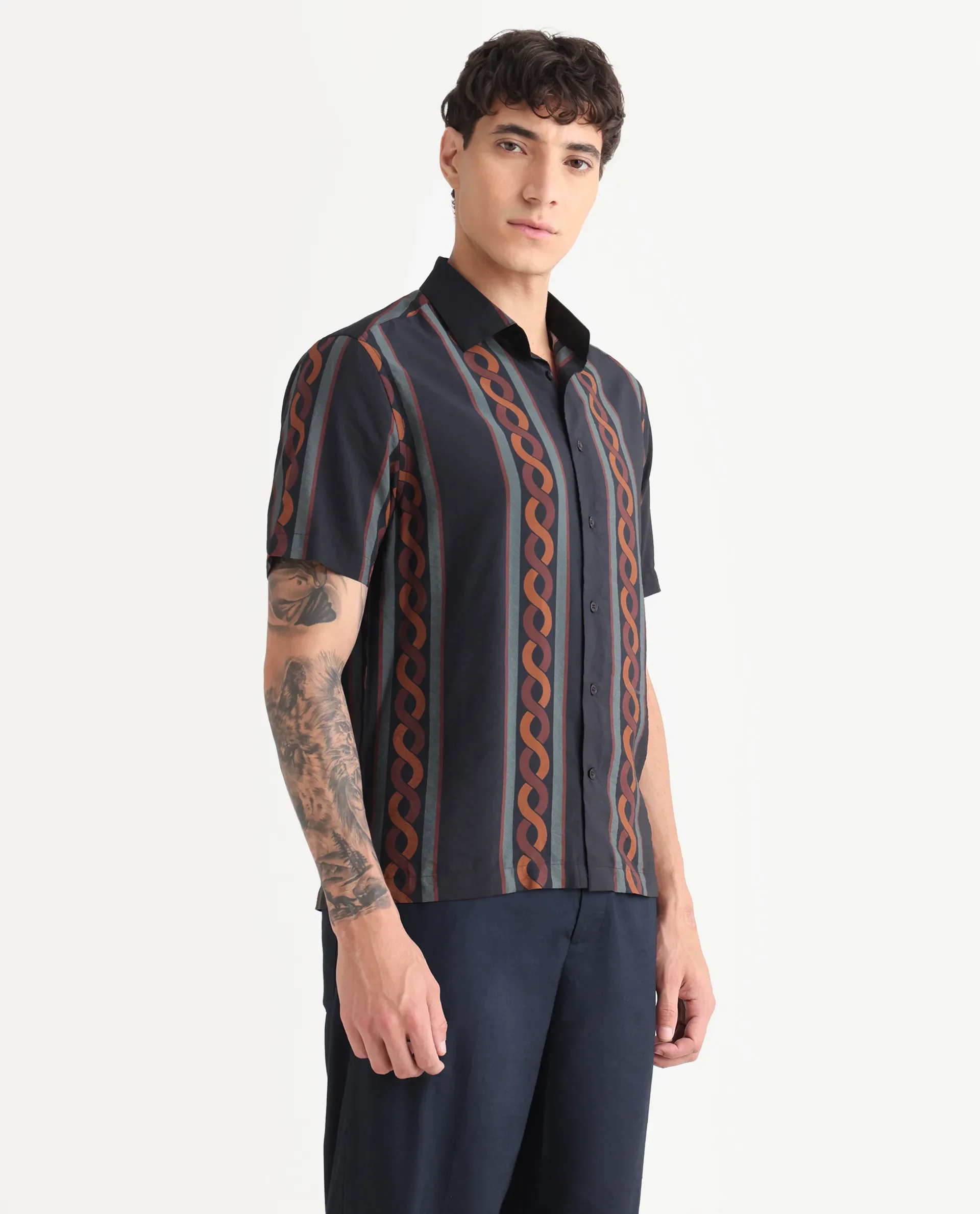 Rare Rabbit Men's Rold-1 Black Viscose Blend Geometric Print Relaxed Fit Half Sleeve Collared Shirt - Image 6