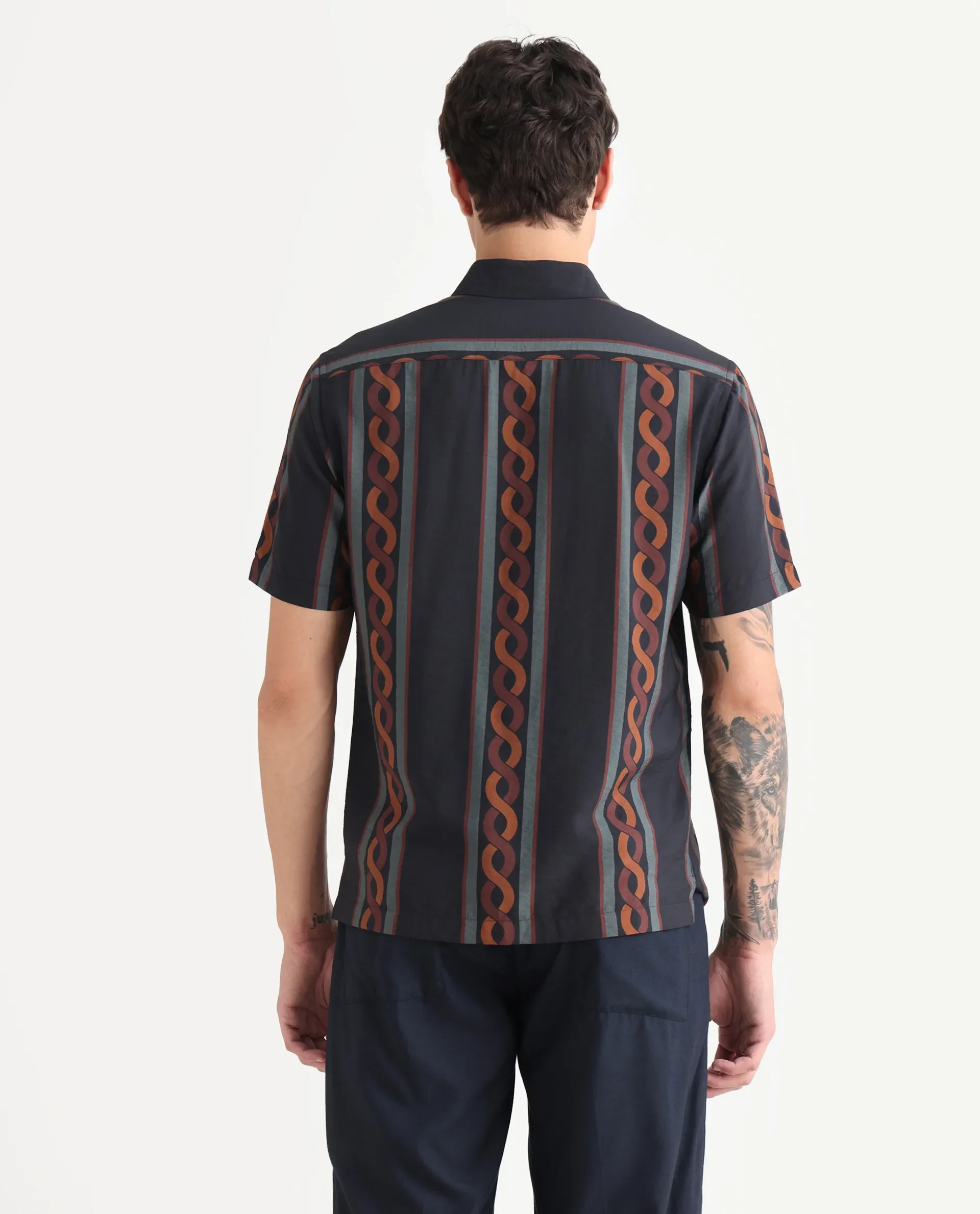 Rare Rabbit Men's Rold-1 Black Viscose Blend Geometric Print Relaxed Fit Half Sleeve Collared Shirt - Image 7
