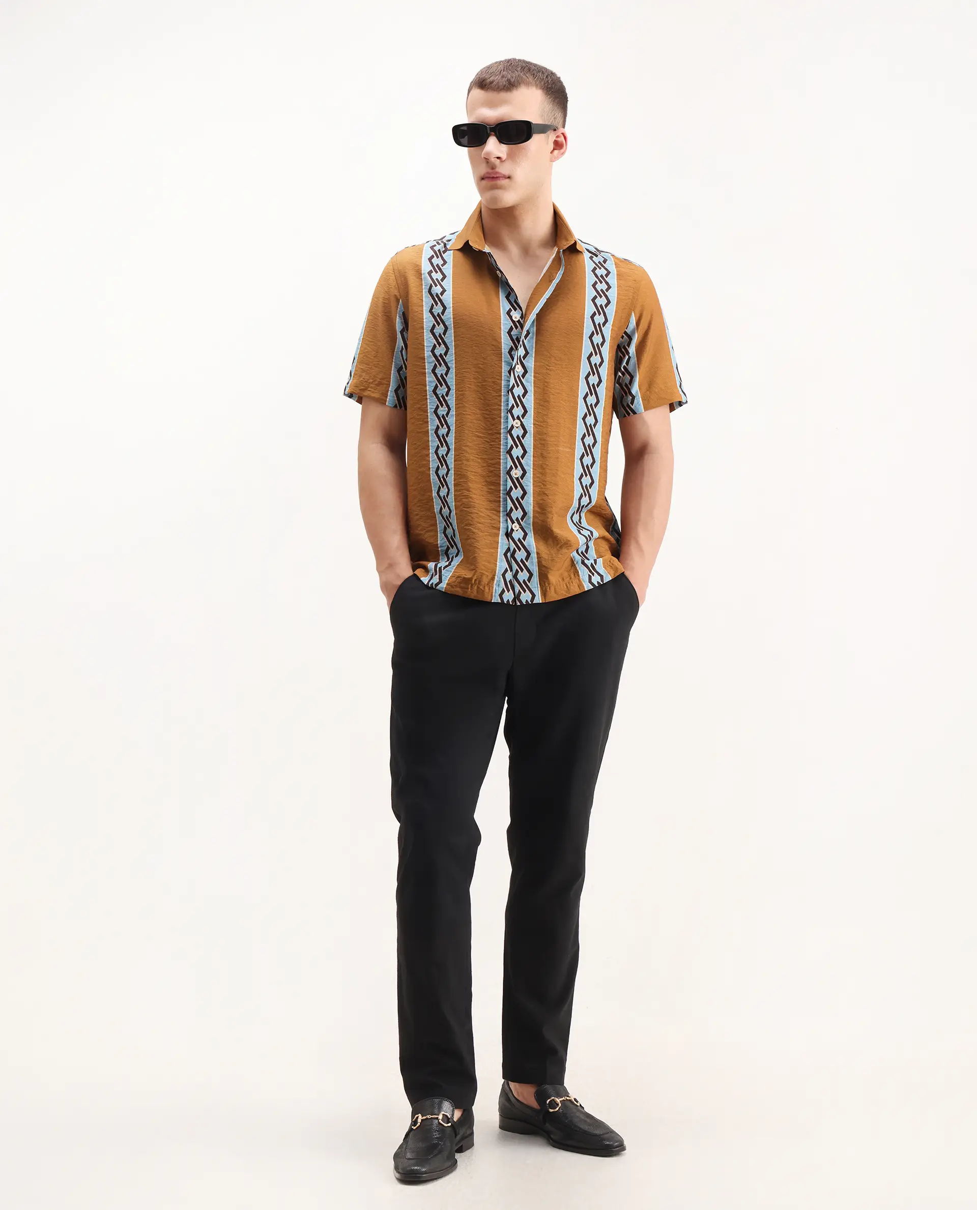 Rare Rabbit Men's Rold-2 Dusky Yellow Viscose Blend Geometric Print Relaxed Fit Half Sleeve Collared Shirt - Image 2