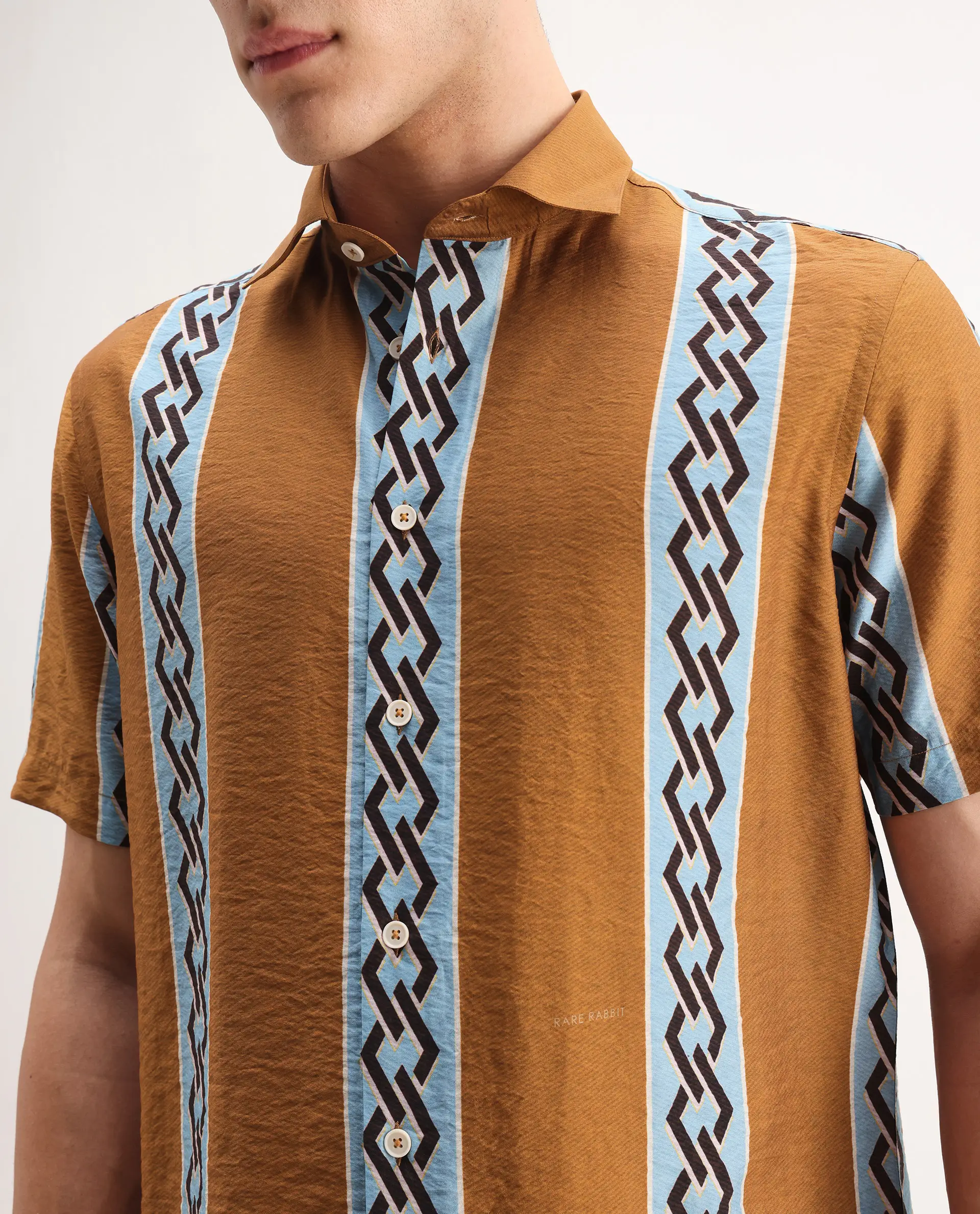Rare Rabbit Men's Rold-2 Dusky Yellow Viscose Blend Geometric Print Relaxed Fit Half Sleeve Collared Shirt - Image 3