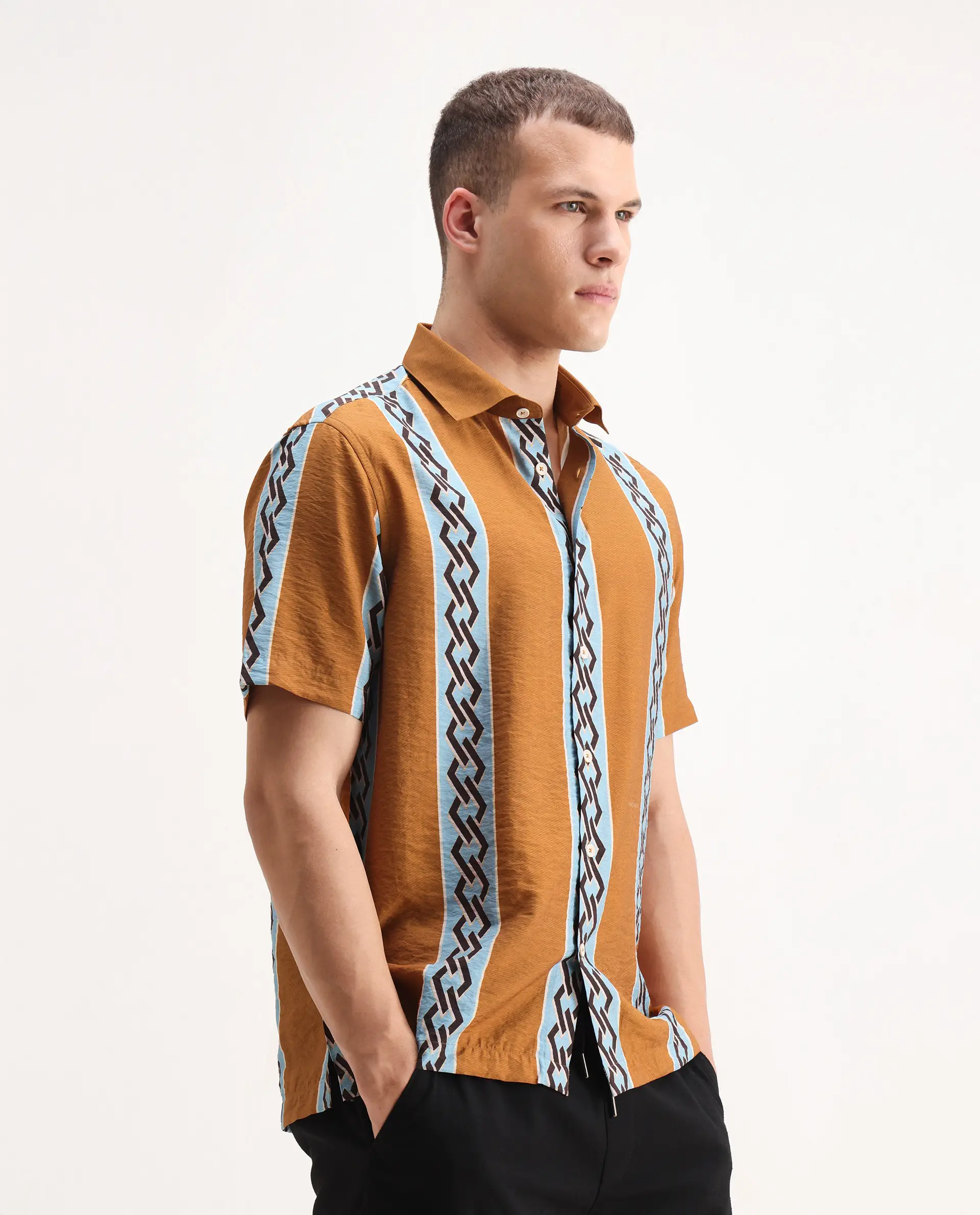 Rare Rabbit Men's Rold-2 Dusky Yellow Viscose Blend Geometric Print Relaxed Fit Half Sleeve Collared Shirt - Image 4