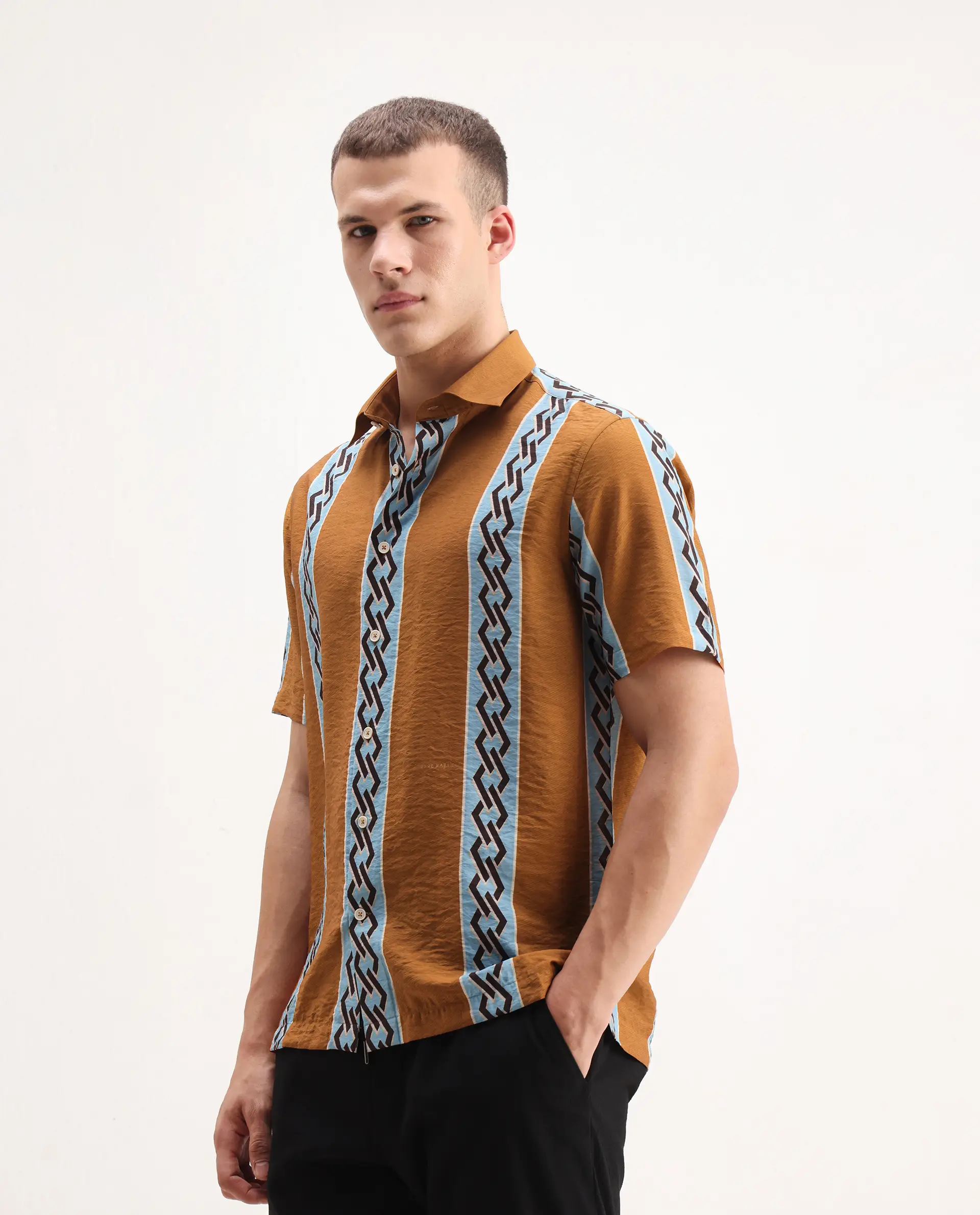 Rare Rabbit Men's Rold-2 Dusky Yellow Viscose Blend Geometric Print Relaxed Fit Half Sleeve Collared Shirt - Image 5