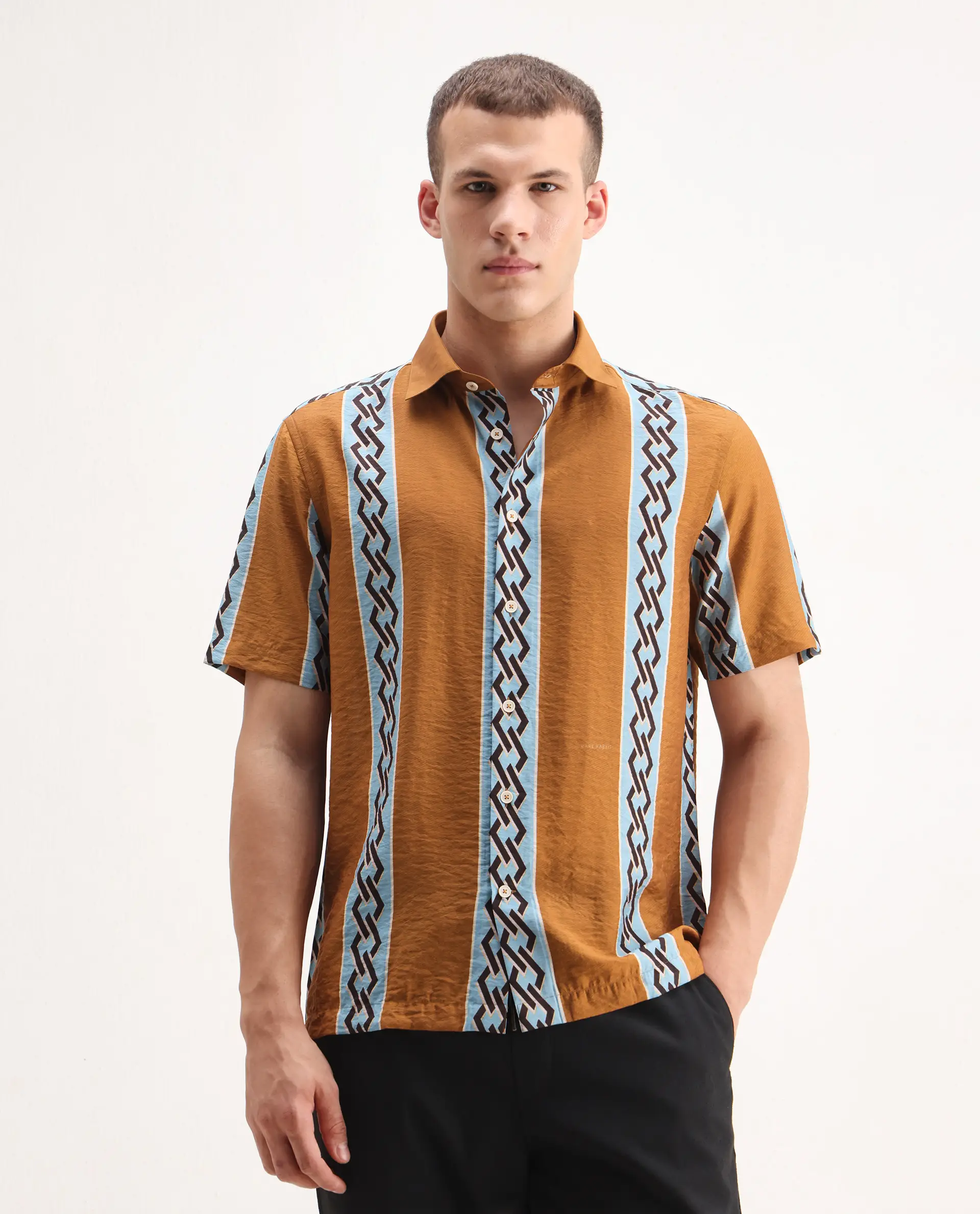 Rare Rabbit Men's Rold-2 Dusky Yellow Viscose Blend Geometric Print Relaxed Fit Half Sleeve Collared Shirt - Image 6