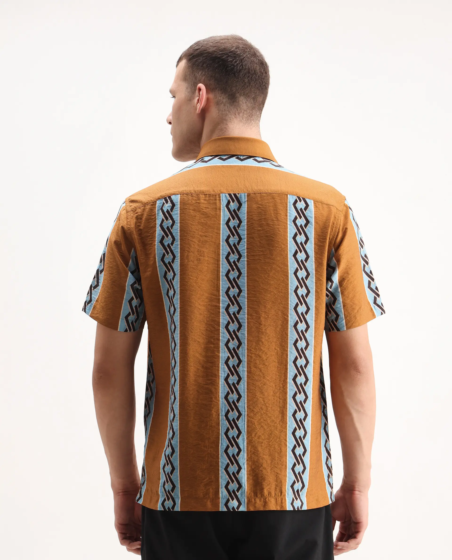 Rare Rabbit Men's Rold-2 Dusky Yellow Viscose Blend Geometric Print Relaxed Fit Half Sleeve Collared Shirt - Image 7